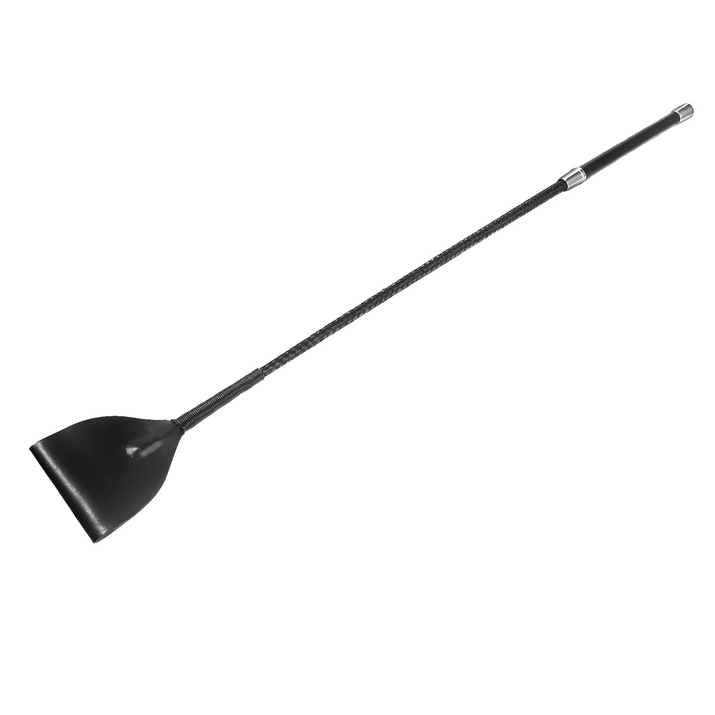 Master Series short handle riding crop in black with a wide, flat leather head and metallic silver accents.