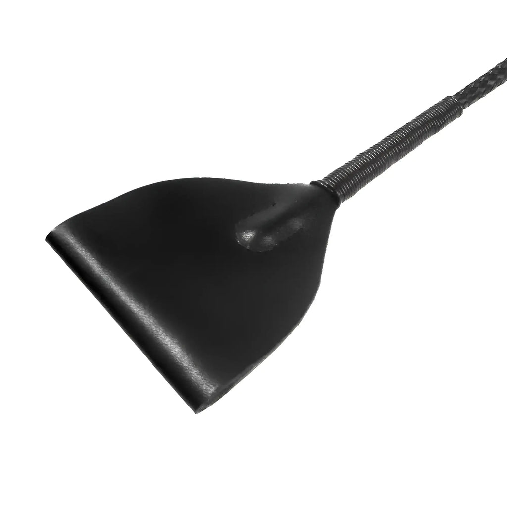 Master Series black riding crop featuring a wide, flat leather head and a short, textured handle.