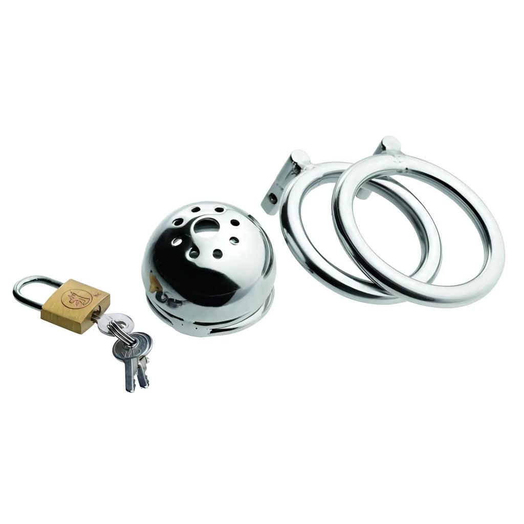 Master Series Short and Solitary cage: polished chrome dome, two base rings, and a brass padlock with keys.