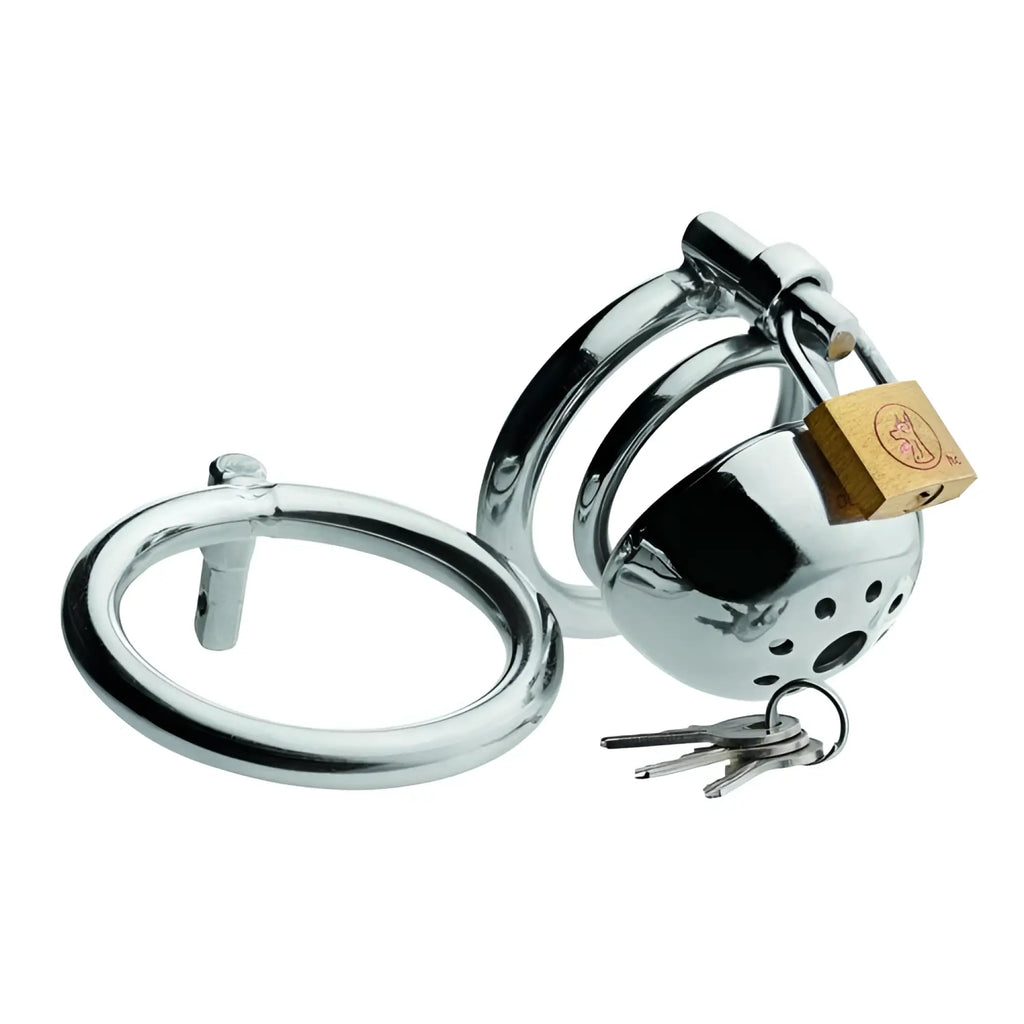 Master Series Short and Solitary Cage: chrome metal chastity device with a brass padlock and keys on white background.