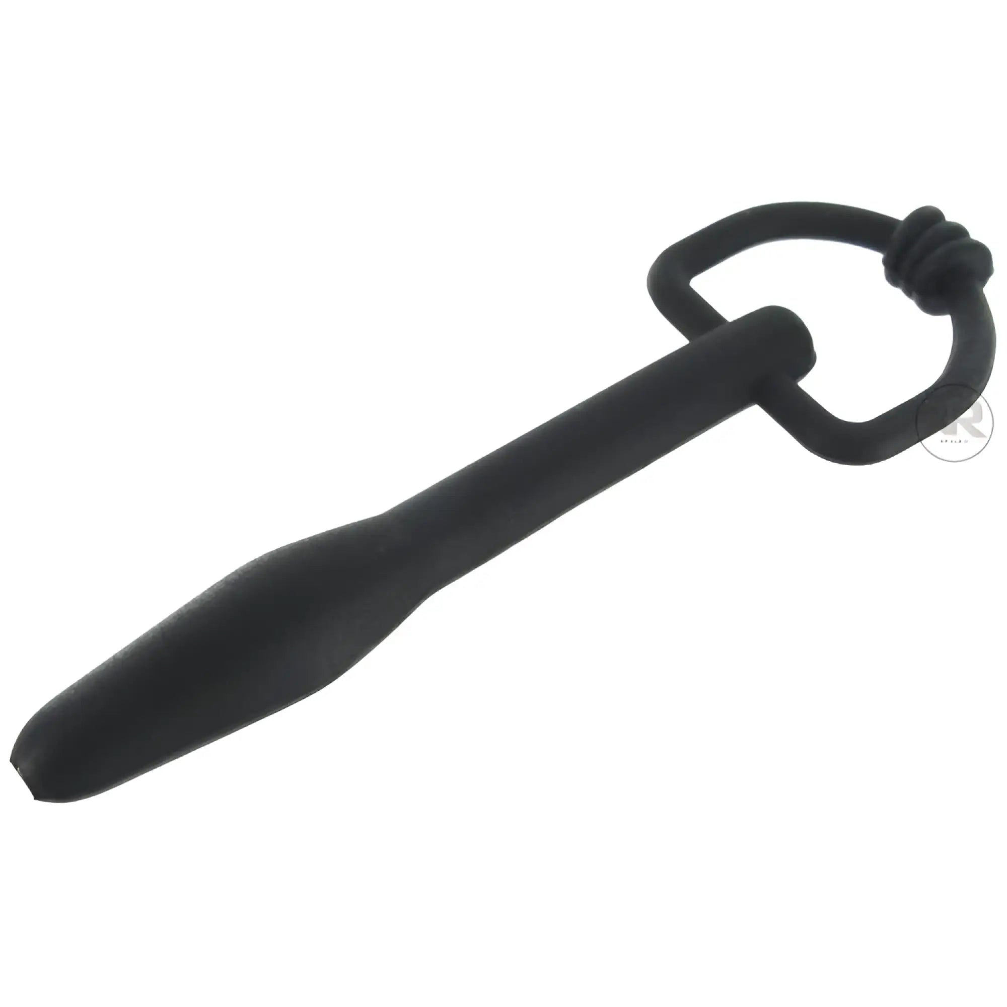Master Series black silicone cum-thru penis plug with a tapered shaft and integrated D-ring base.