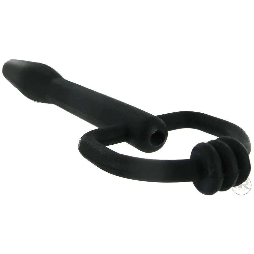 Black Master Series silicone cum-thru penis plug with a D-ring base and a hollow shaft for fluid flow.