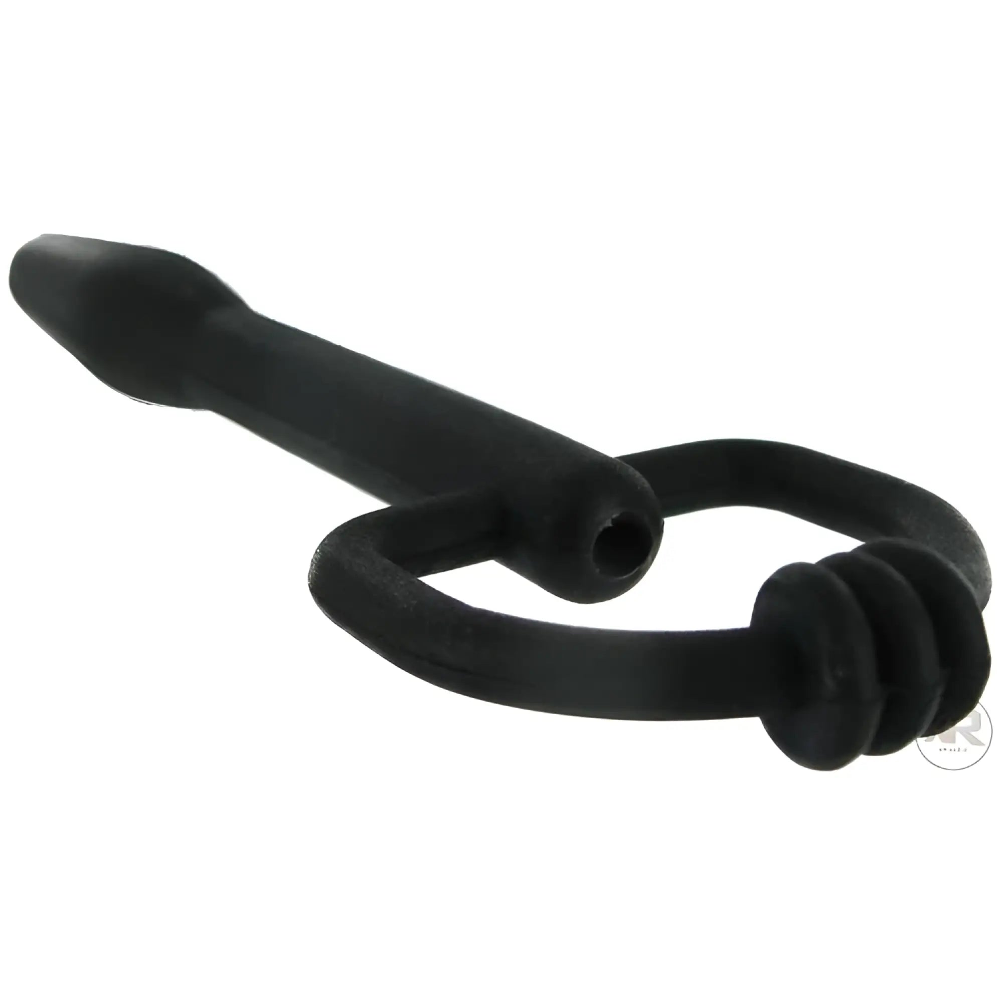 Black Master Series silicone cum-thru penis plug with a D-ring base and a hollow shaft for fluid flow.