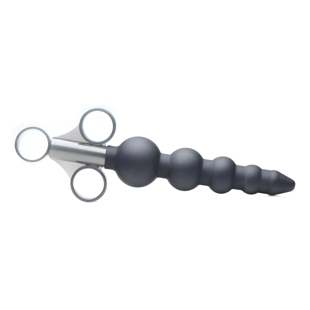 Master Series Silicone Graduated Beads Lubricant Launcher: A matte black, tapered bead wand with a silver finger-grip.