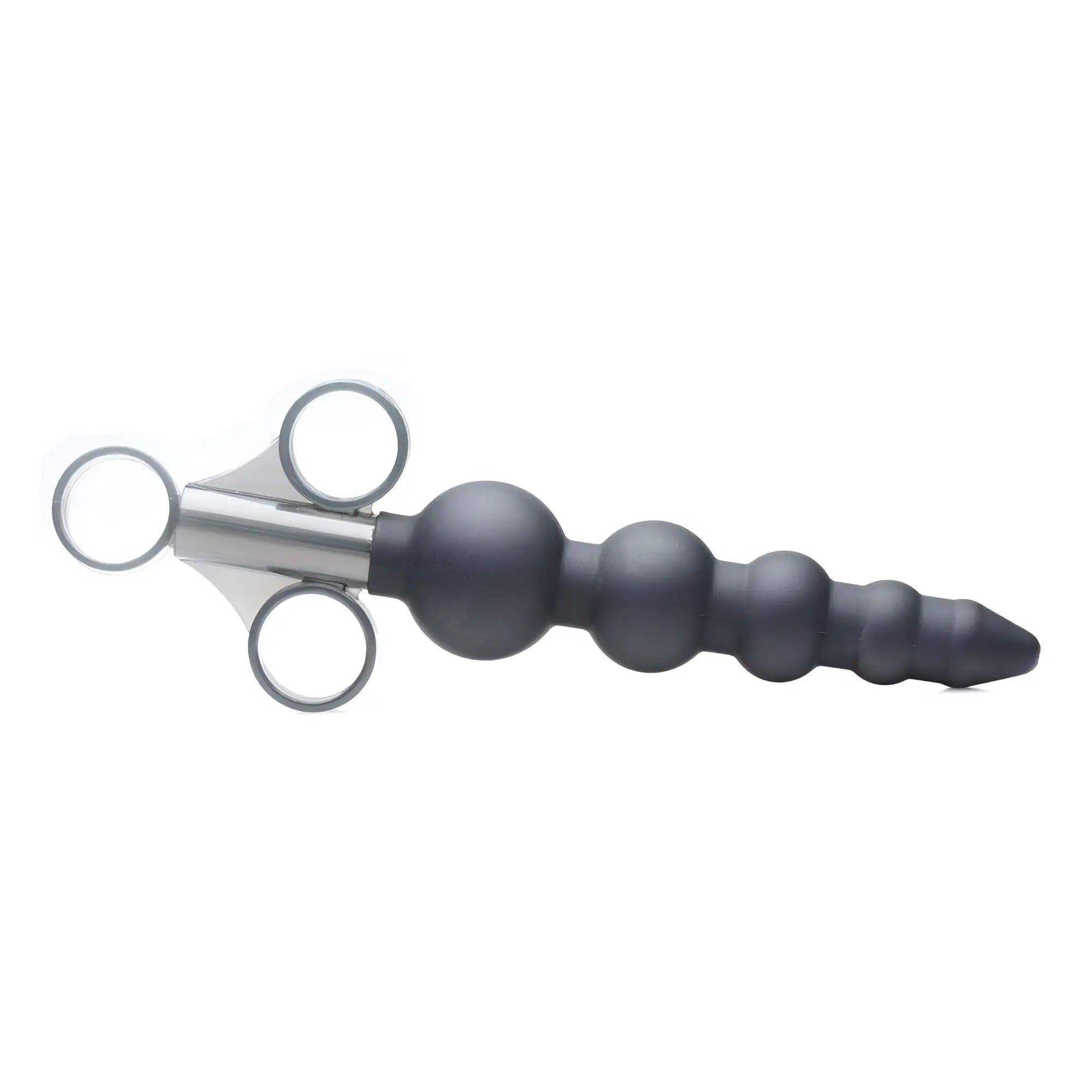 Master Series Silicone Graduated Beads Lubricant Launcher: A matte black, tapered bead wand with a silver finger-grip.