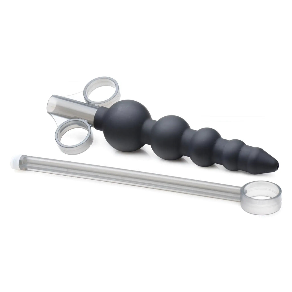 Master Series silicone lubricant launcher with black graduated beads and a translucent plunger.