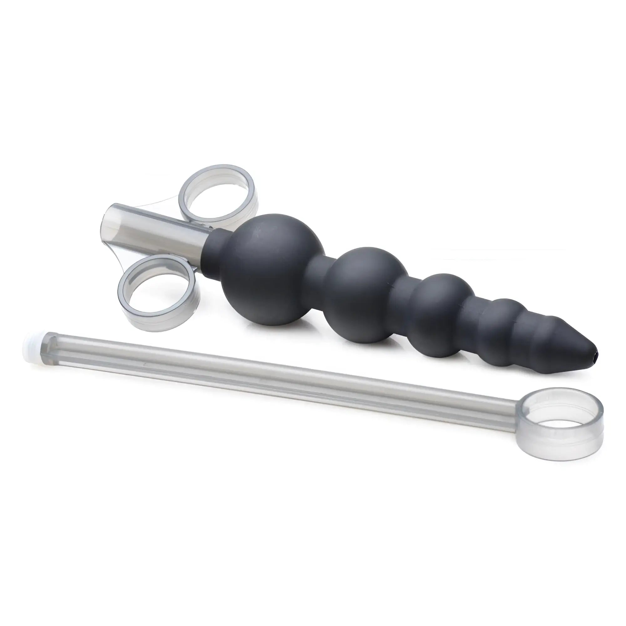 Master Series silicone lubricant launcher with black graduated beads and a translucent plunger.