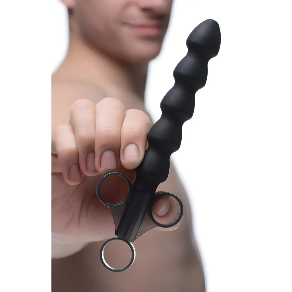 Master Series Silicone Links Lubricant Launcher: a black, multi-bead textured shaft with a finger-ring applicator grip.