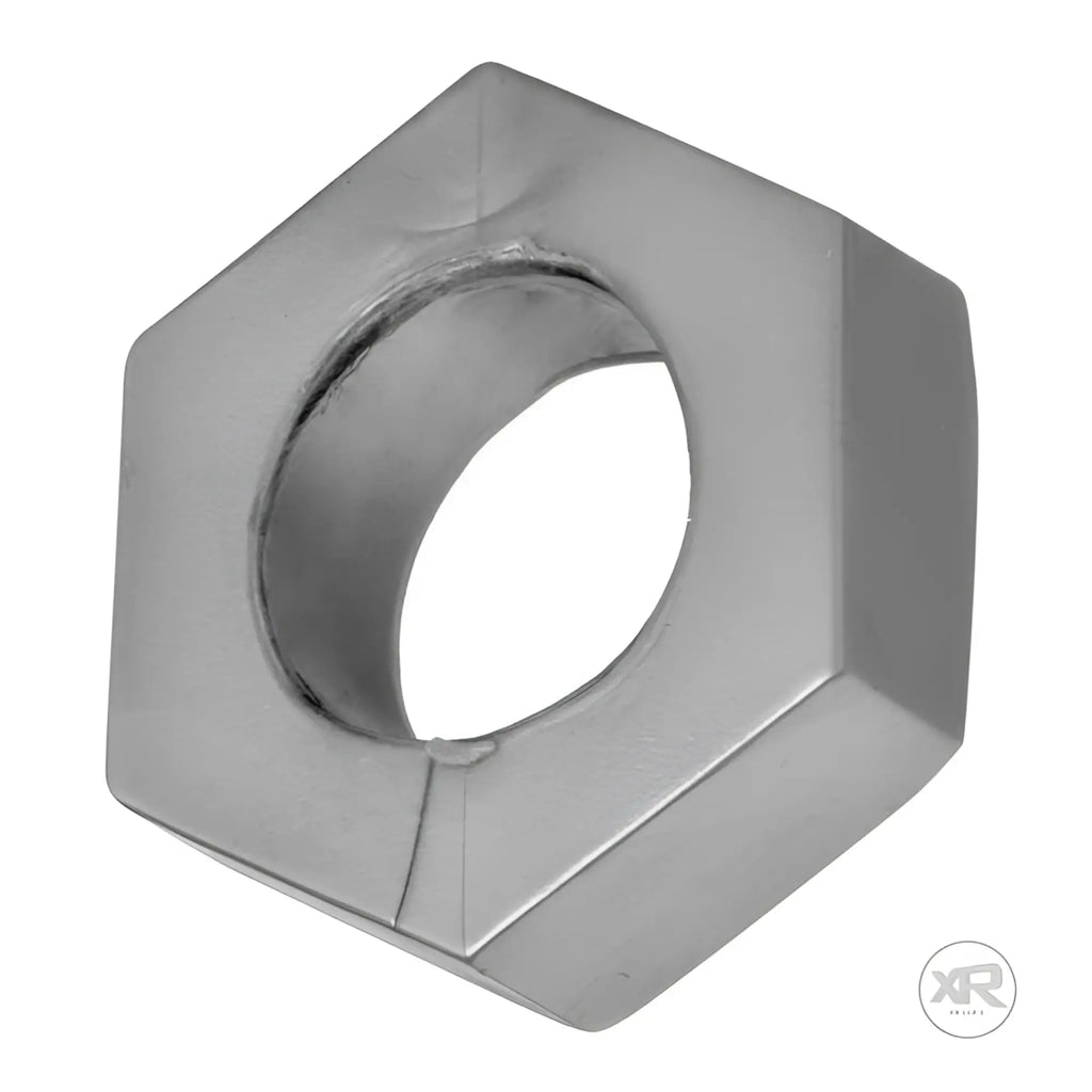 Master Series Silver Hex Cock Ring and Ball Stretcher, a metallic, hexagonal-shaped ring with a smooth finish.