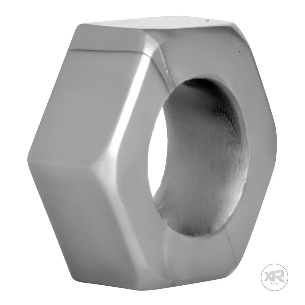 Master Series Silver Hex Cock Ring and Ball Stretcher, a metallic, hexagonal-shaped ring with a smooth finish.