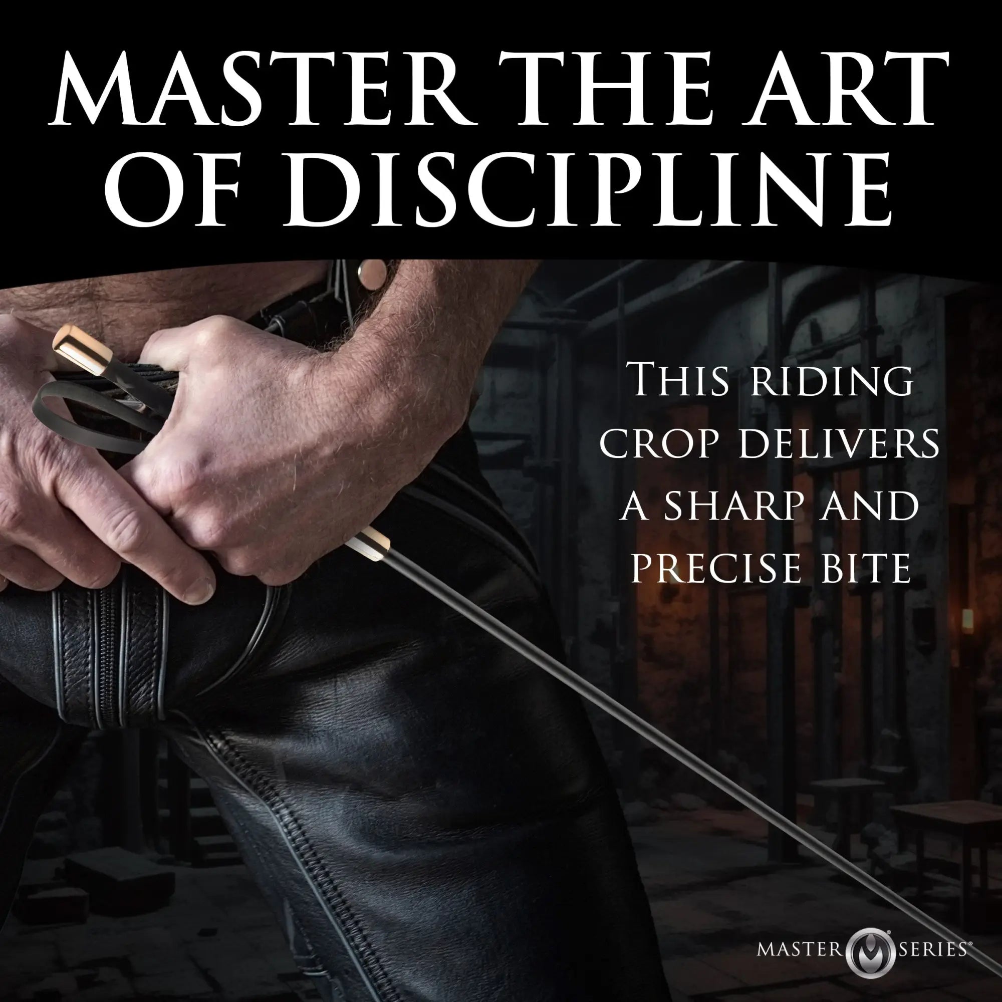 Master Series Sinful Impact Cane: A sleek black riding crop with gold-tone accents held by a person in leather pants.