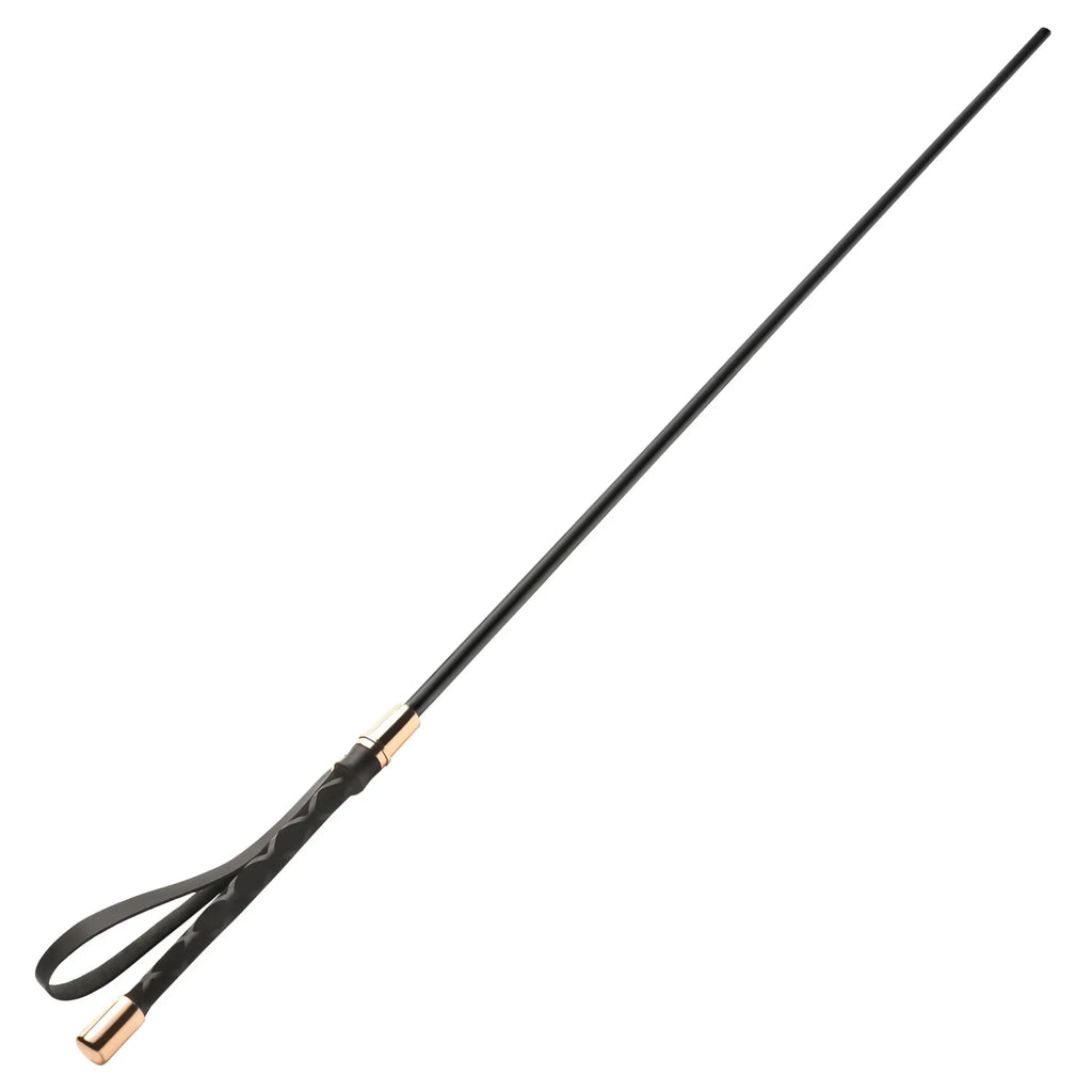 Master Series Sinful Impact Cane: a sleek, black slender cane with a decorative patterned handle and gold-tone accents.