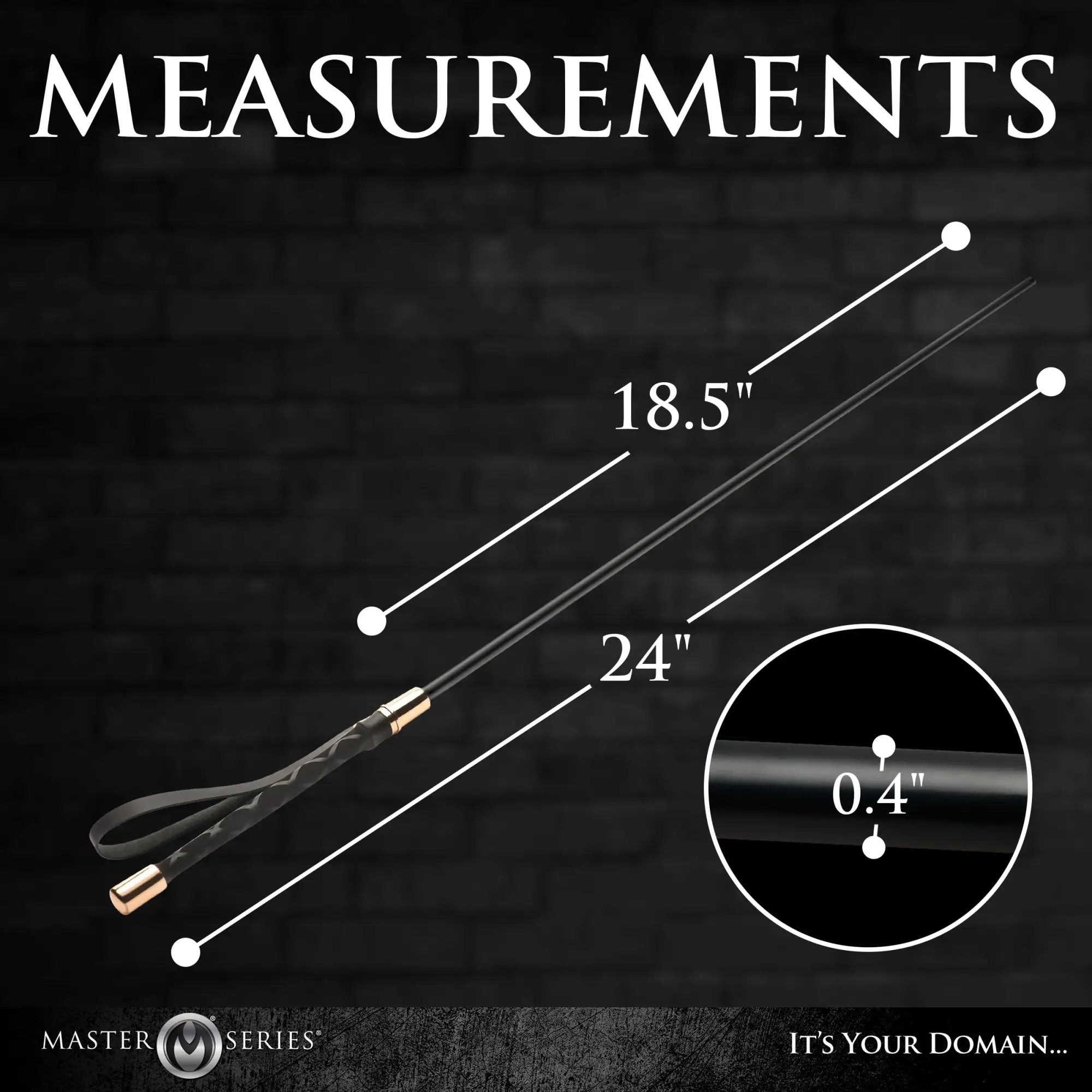 Master Series Sinful Impact Cane on a dark brick background with dimension labels showing 18.5", 24", and 0.4" diameter.