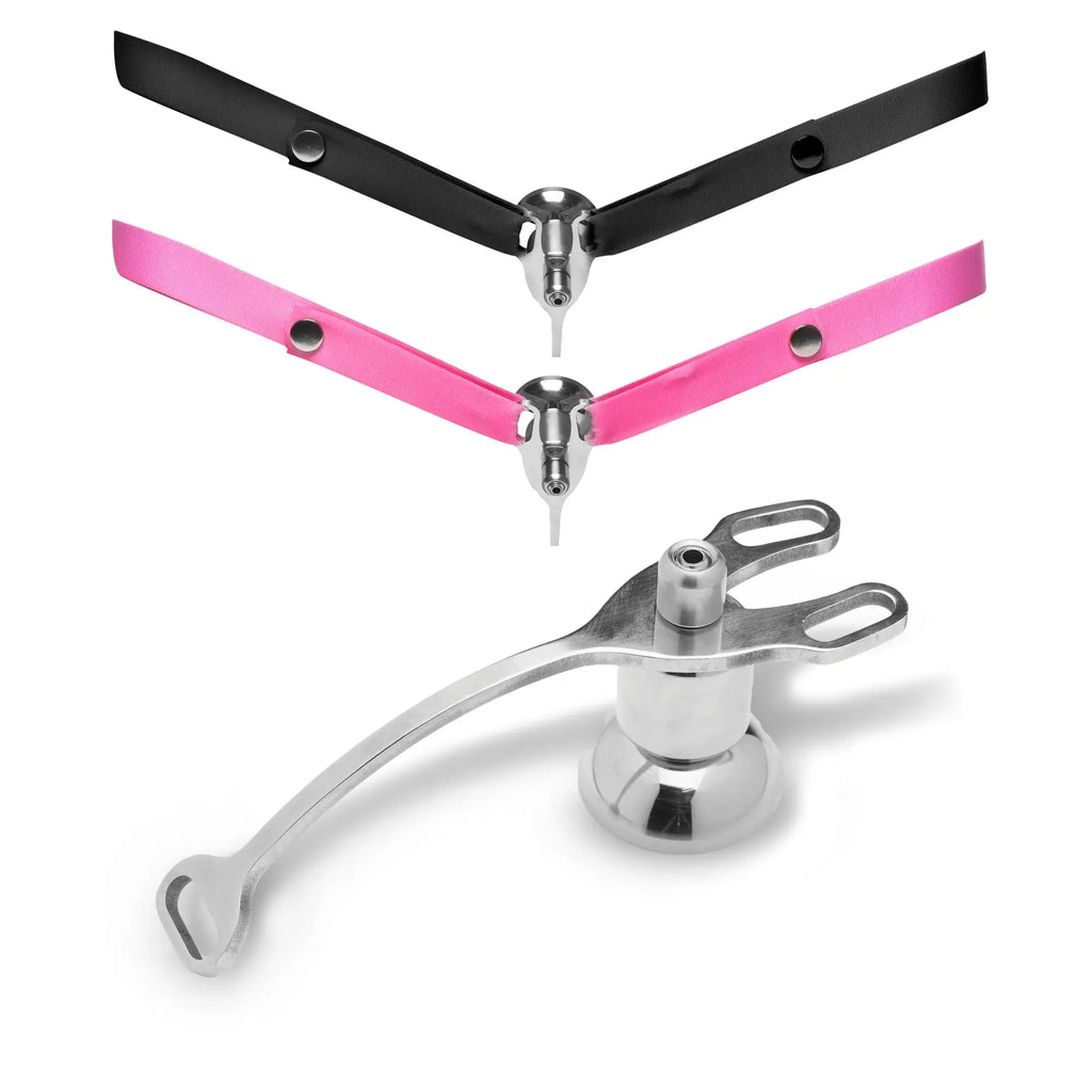 Master Series Sissy Vice cage with black and pink fabric straps, plus a close-up of the metal push-in device.