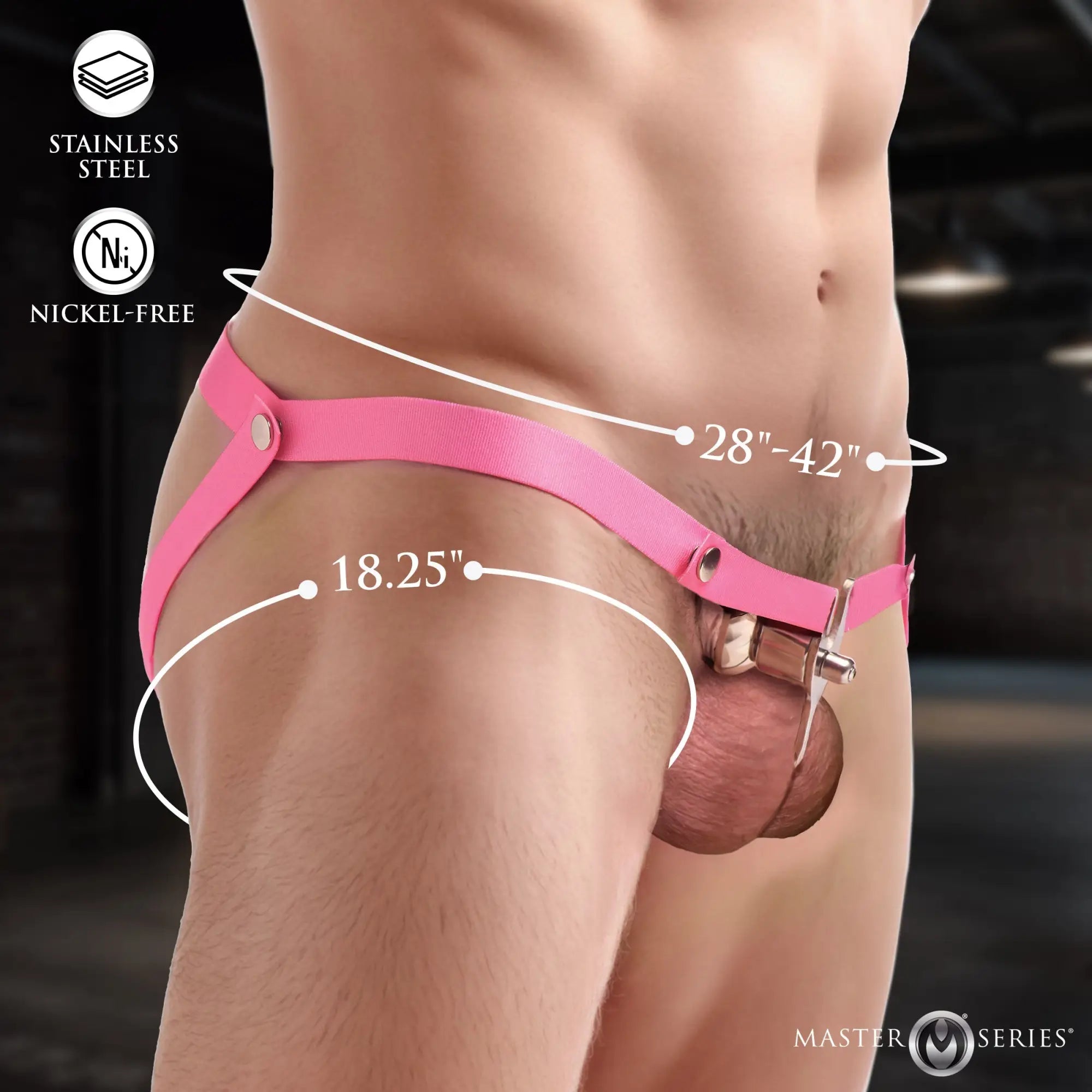 Master Series Sissy Vice metal chastity cage with adjustable pink elastic straps, showing size measurements on a model.