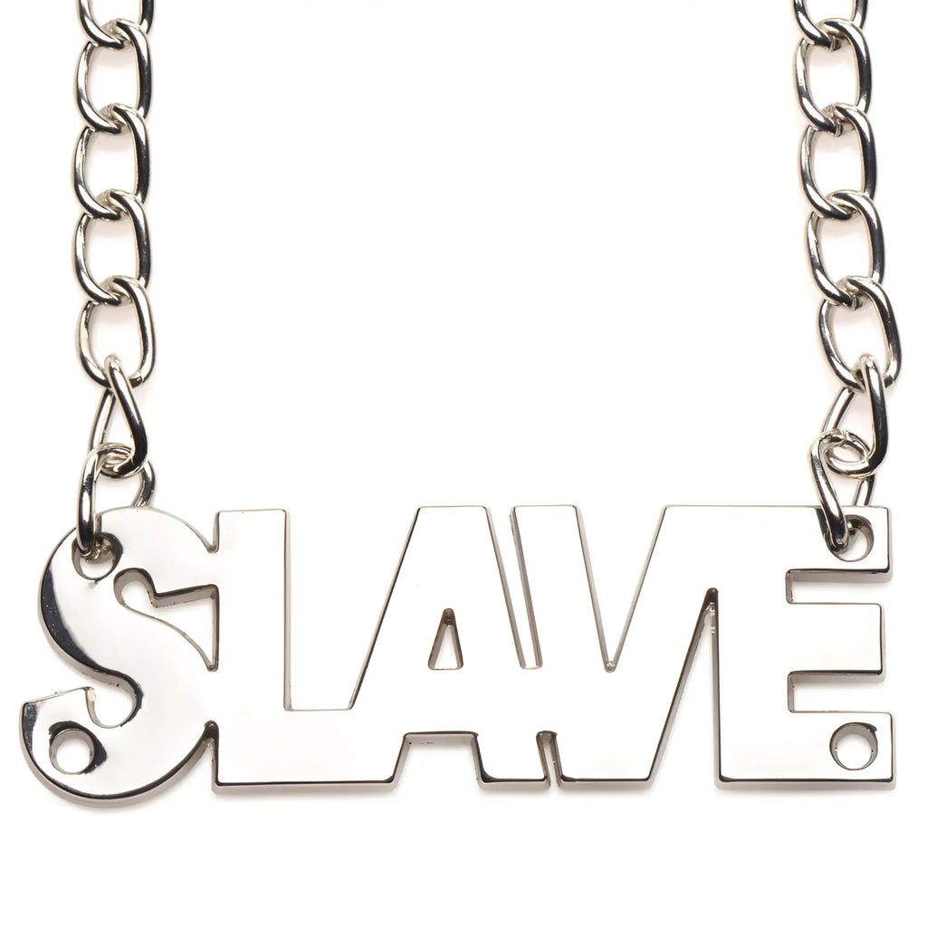 Master Series Slave Chain Nipple Clamps featuring a shiny silver metal plaque that says "SLAVE" attached to two chains.