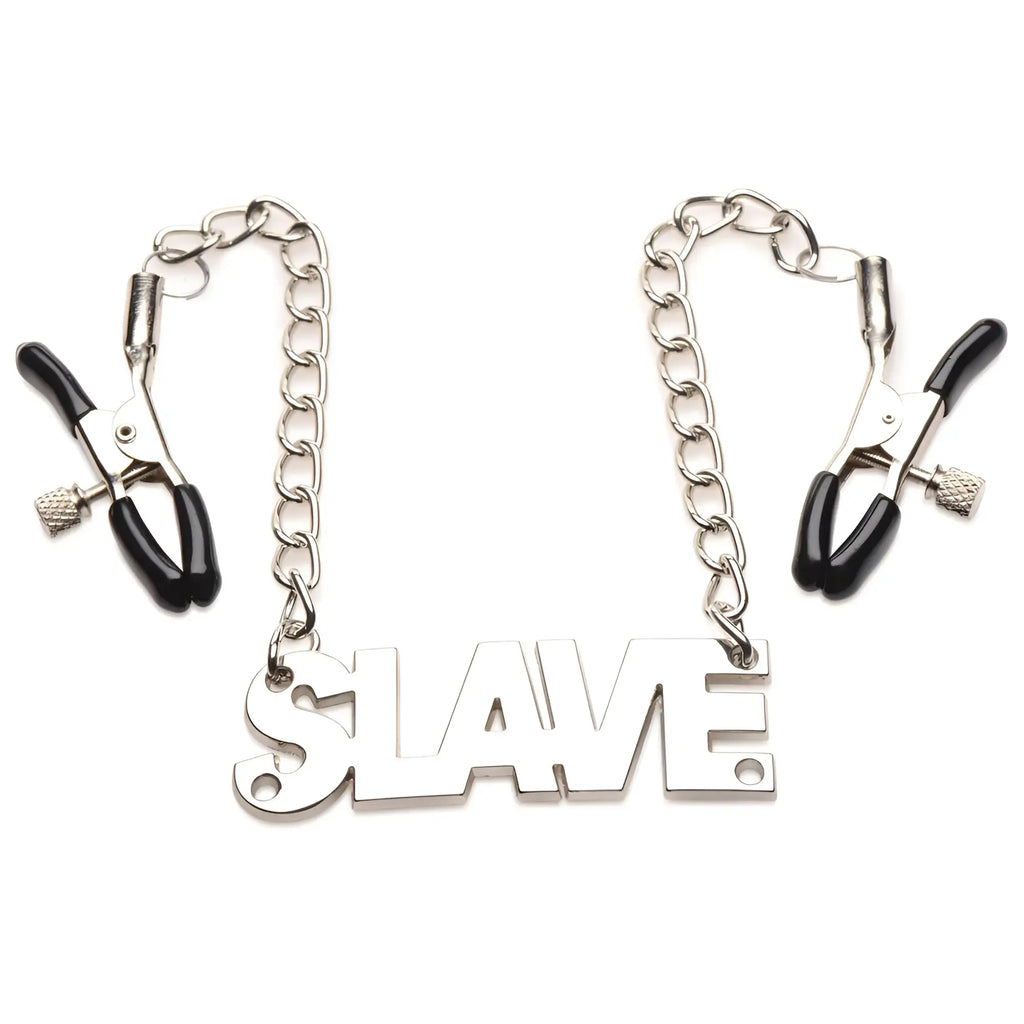 Master Series Slave Chain Nipple Clamps featuring adjustable silver metal clips with black tips connected by a chain.