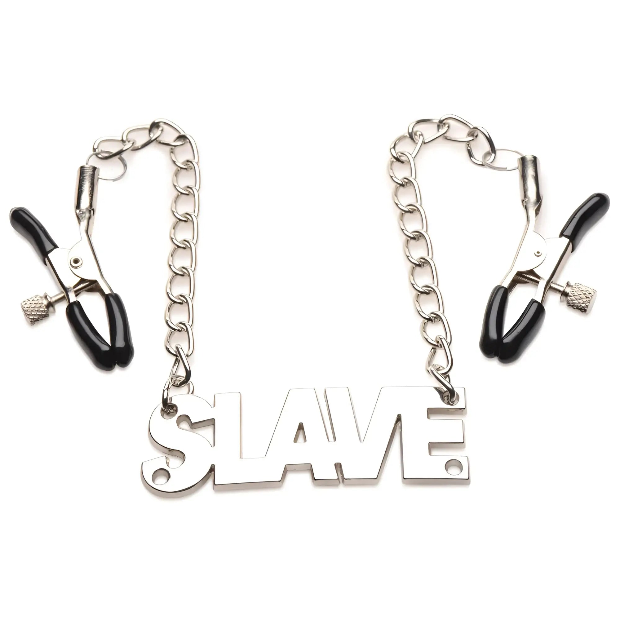 Master Series Slave Chain Nipple Clamps featuring adjustable silver metal clips with black tips connected by a chain.