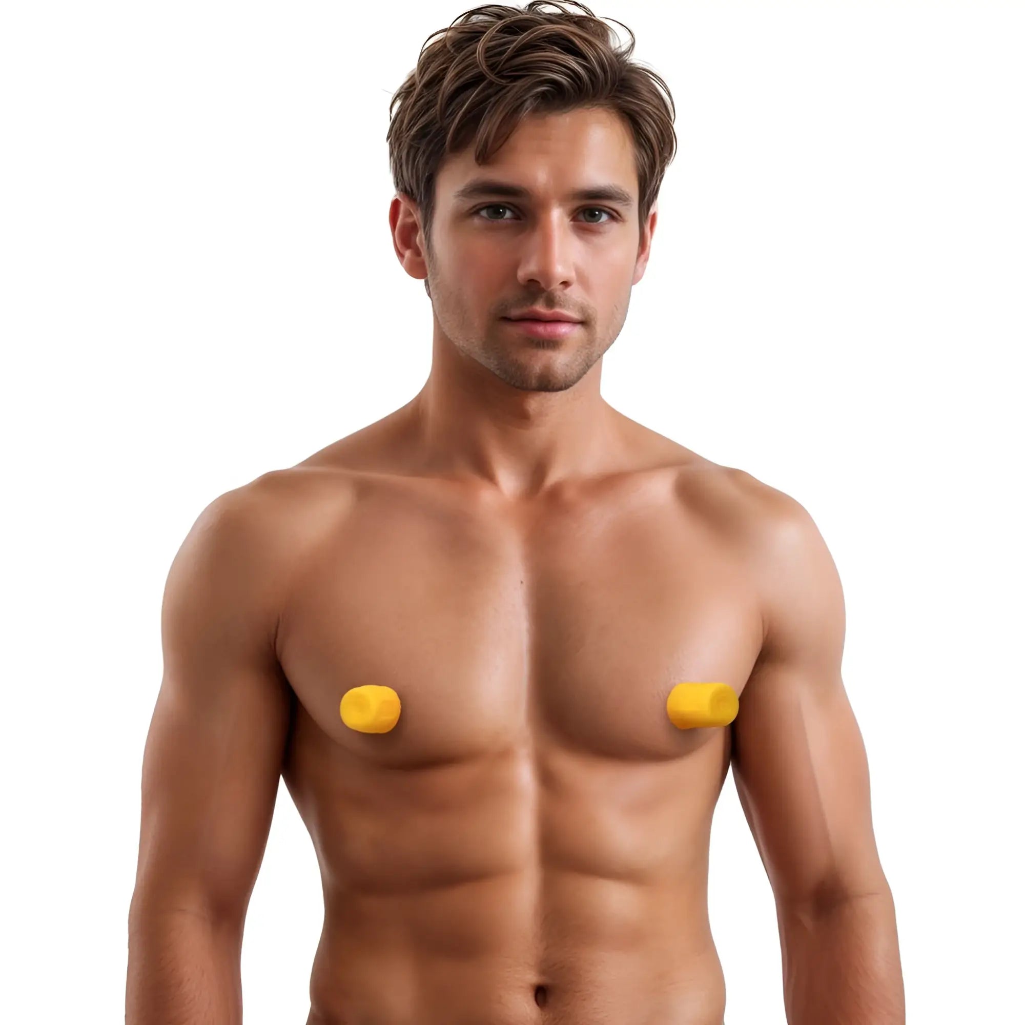 Master Series Snake Bite Suckers: A shirtless man wearing two bright yellow, cylindrical nipple suckers.