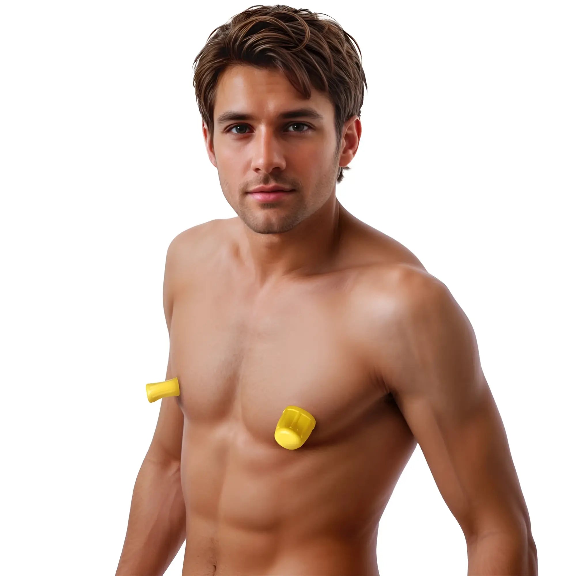 Shirtless man wearing two yellow Master Series Snake Bite Suckers on his chest against a white background.