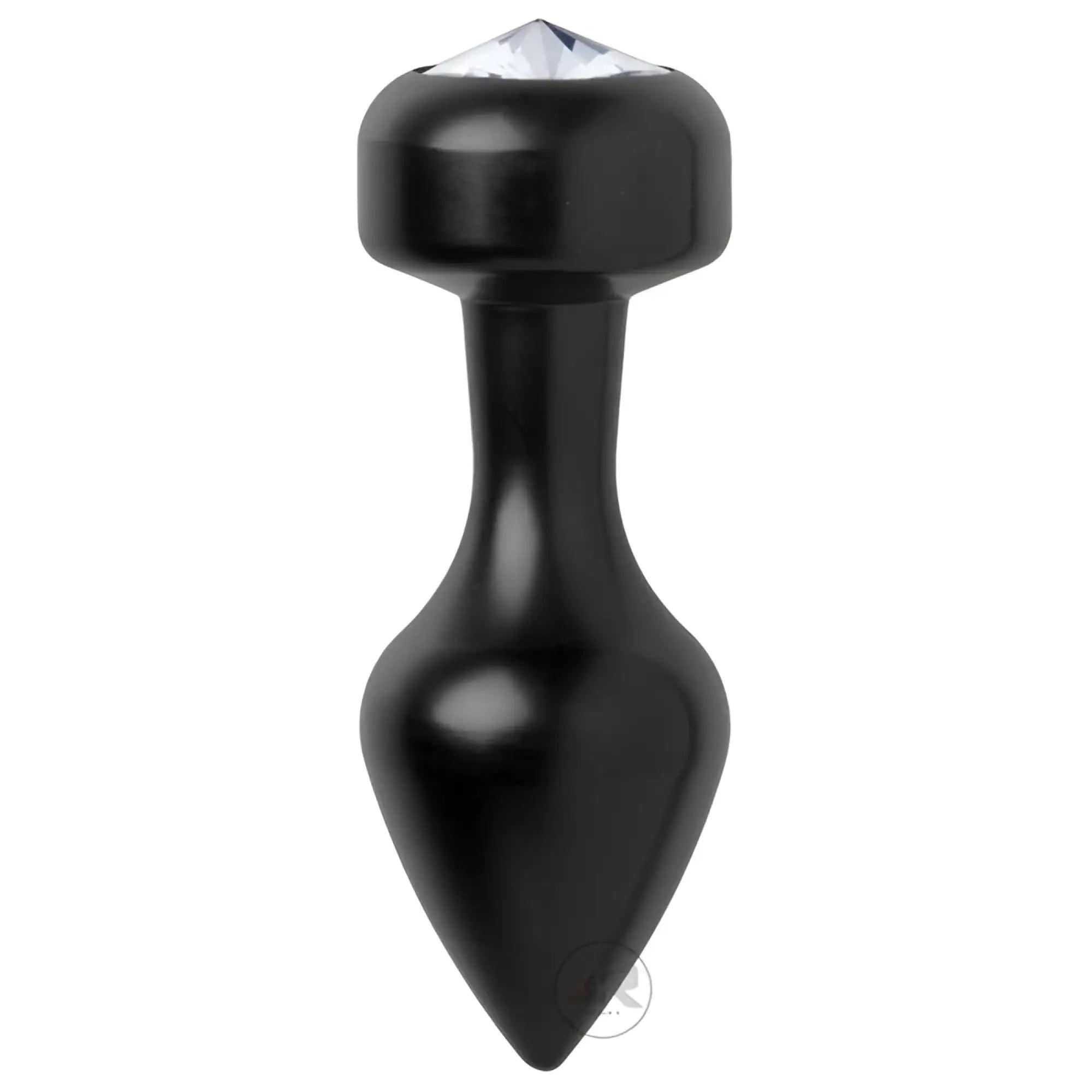 The Master Series Spade Petite Jewel Aluminum Anal Plug is a black, tapered anal plug with a rounded base and clear faceted gem, ideal for temperature play and adding style to your bedroom adventures.