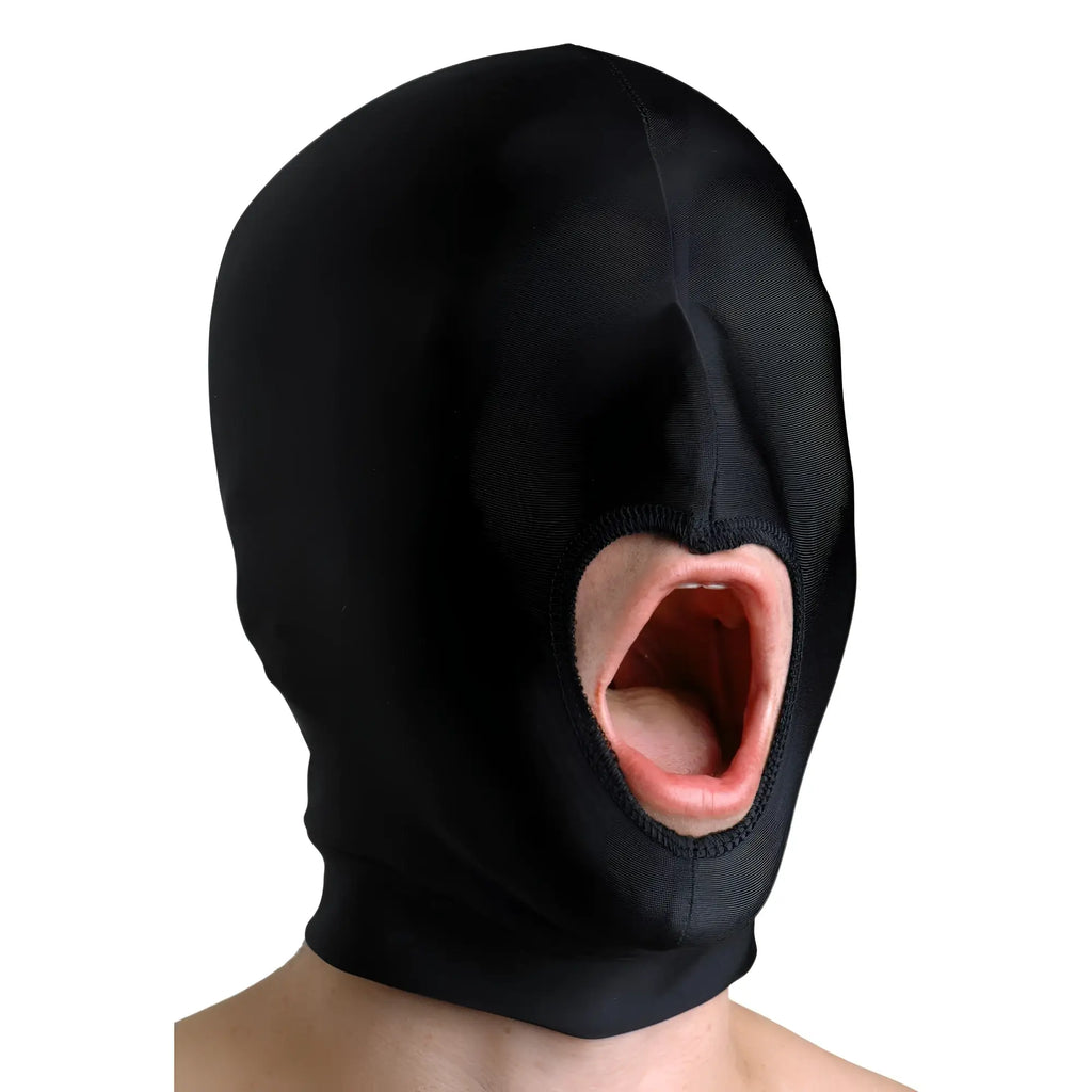Master Series black spandex hood covering the head with an open mouth cutout, isolated against a white background.