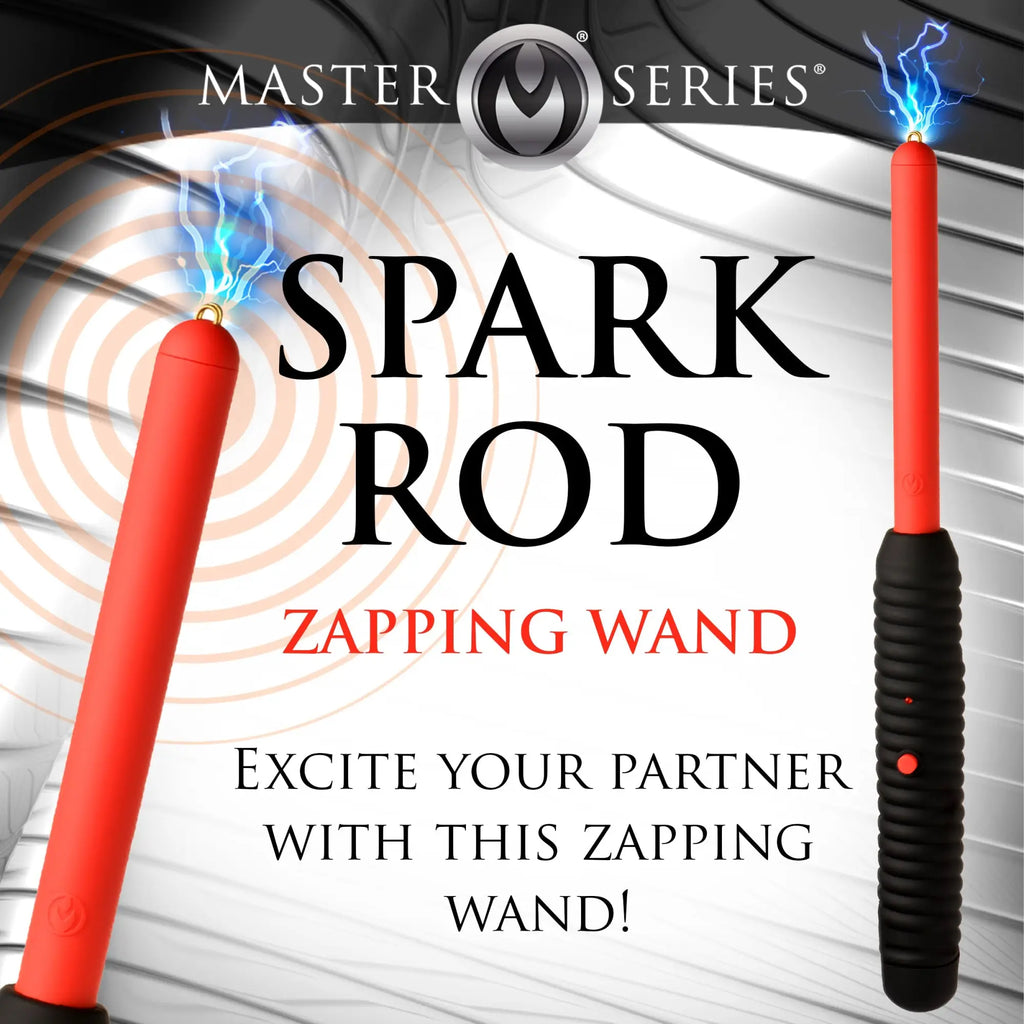 Master Series Spark Rod Zapping Wand: a red, cylindrical wand with a black ribbed handle and blue electrical sparks.