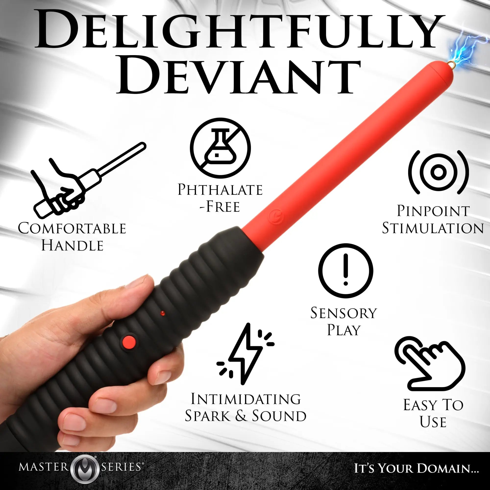 Master Series Spark Rod zapping wand with red tip and black ribbed handle held in a hand, surrounded by feature icons.
