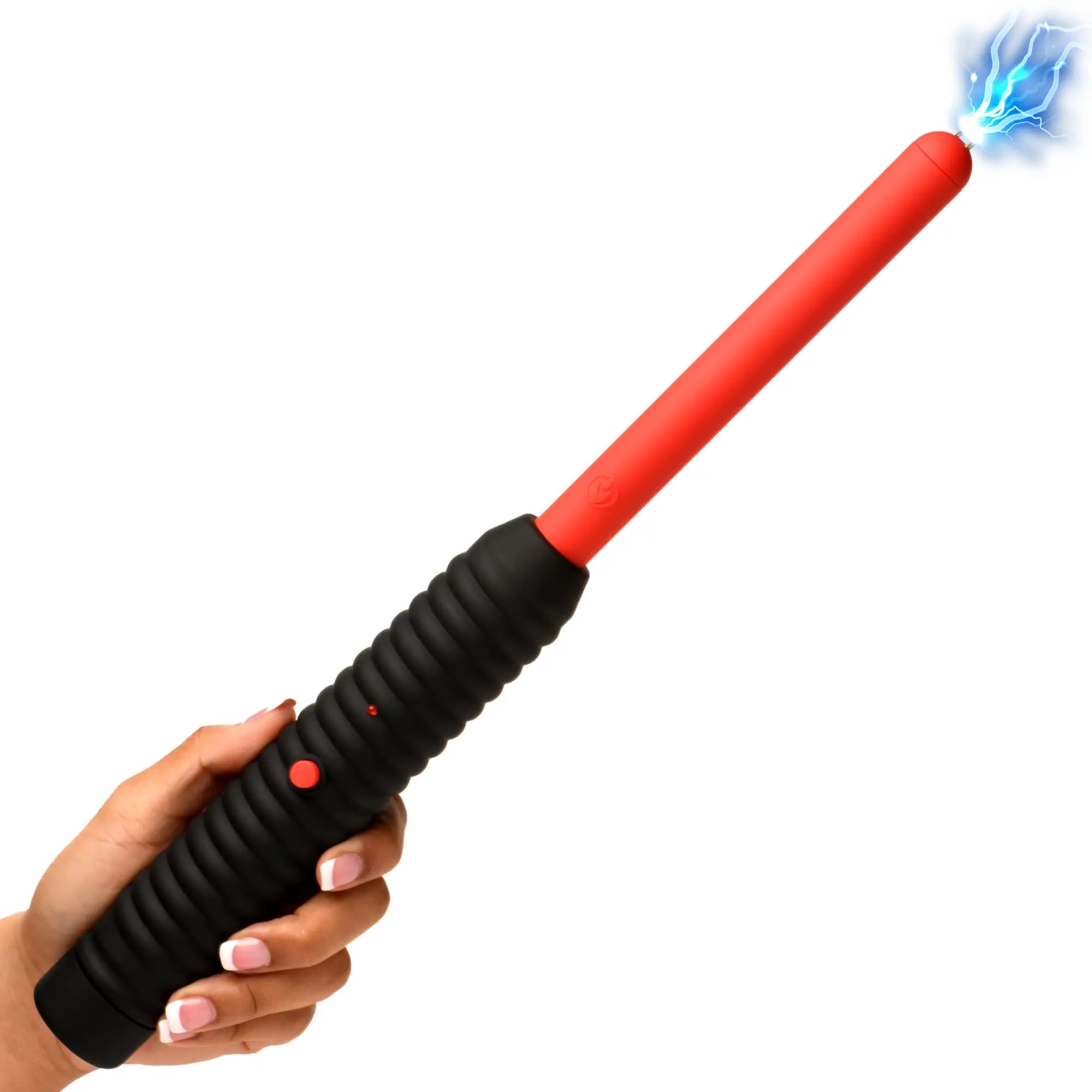 A hand holds a red and black Master Series Spark Rod zapping wand, which emits a bright blue electrical arc.