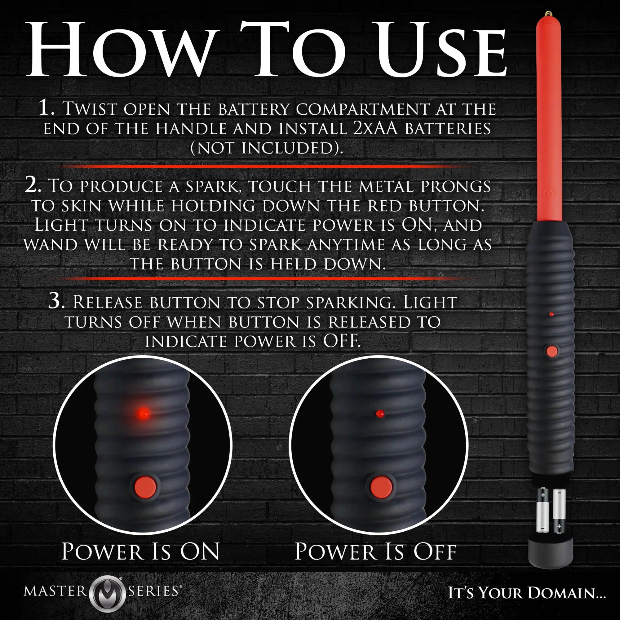 Master Series Spark Rod zapping wand instruction guide with a black, ribbed handle, red tip, and battery compartment.