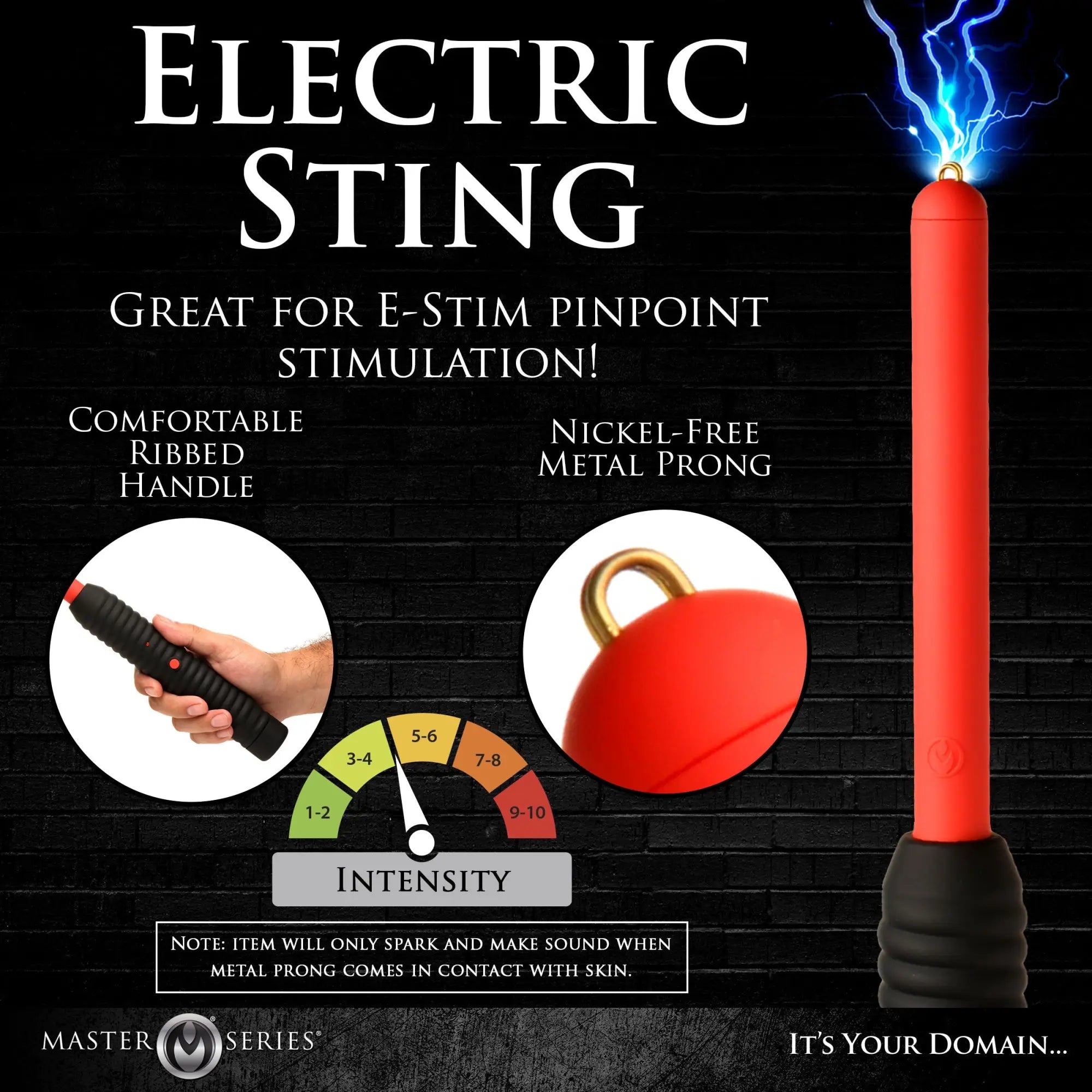 Master Series Spark Rod zapping wand with a red shaft, black ribbed handle, and metal prong producing electric sparks.