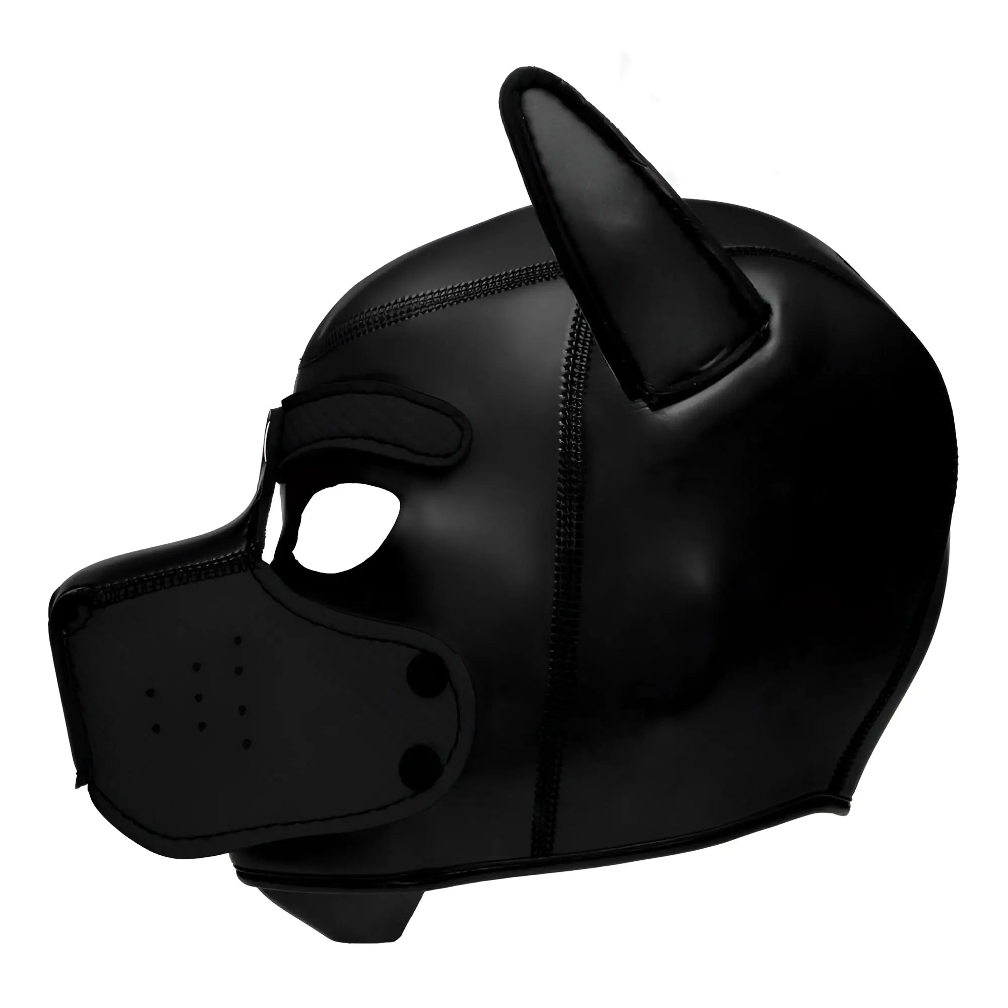 Master Series Spike Neoprene puppy hood in black, shown in profile with ears, eye cutouts, and a perforated snout.