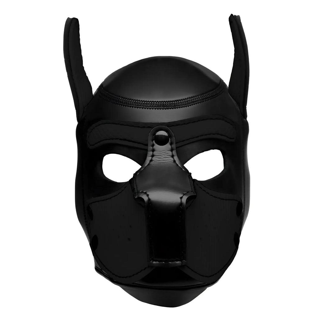 Master Series Spike Neoprene Puppy Hood: a sleek, black full-face mask with pointed ears and a molded muzzle design.