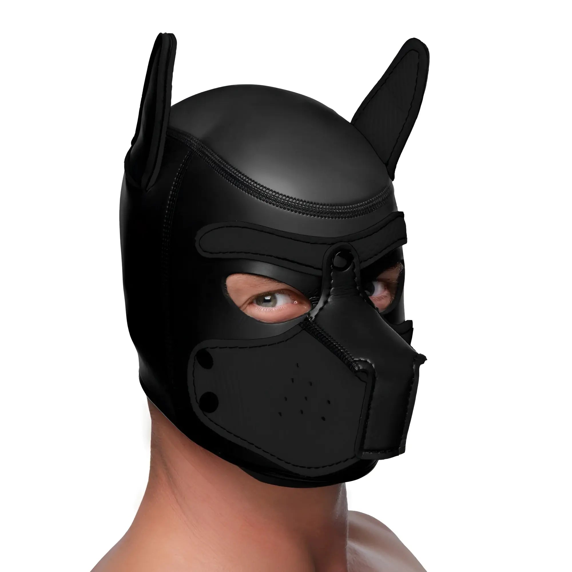 Black neoprene Master Series Spike puppy hood with pointed ears, eye cutouts, and a snout-like muzzle.