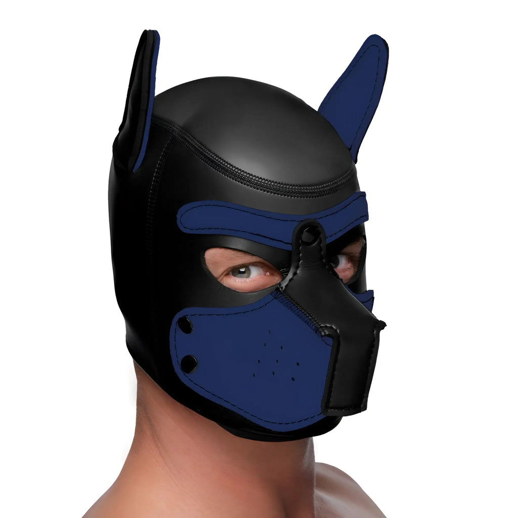 Master Series Spike Neoprene Puppy Hood in black and blue with upright ears and a muzzle, worn on a person's head.