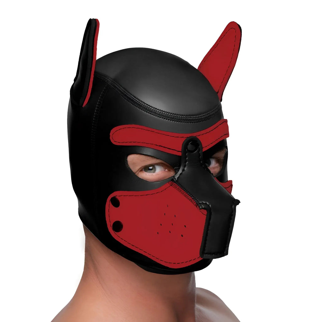 Master Series Spike Neoprene puppy hood in black and red with pointed ears, muzzle, and eye cutouts.