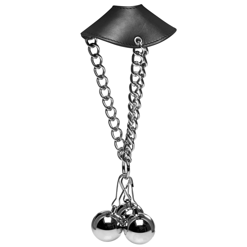 Master Series black leather collar attached to silver chains with three chrome ball weights dangling at the bottom.