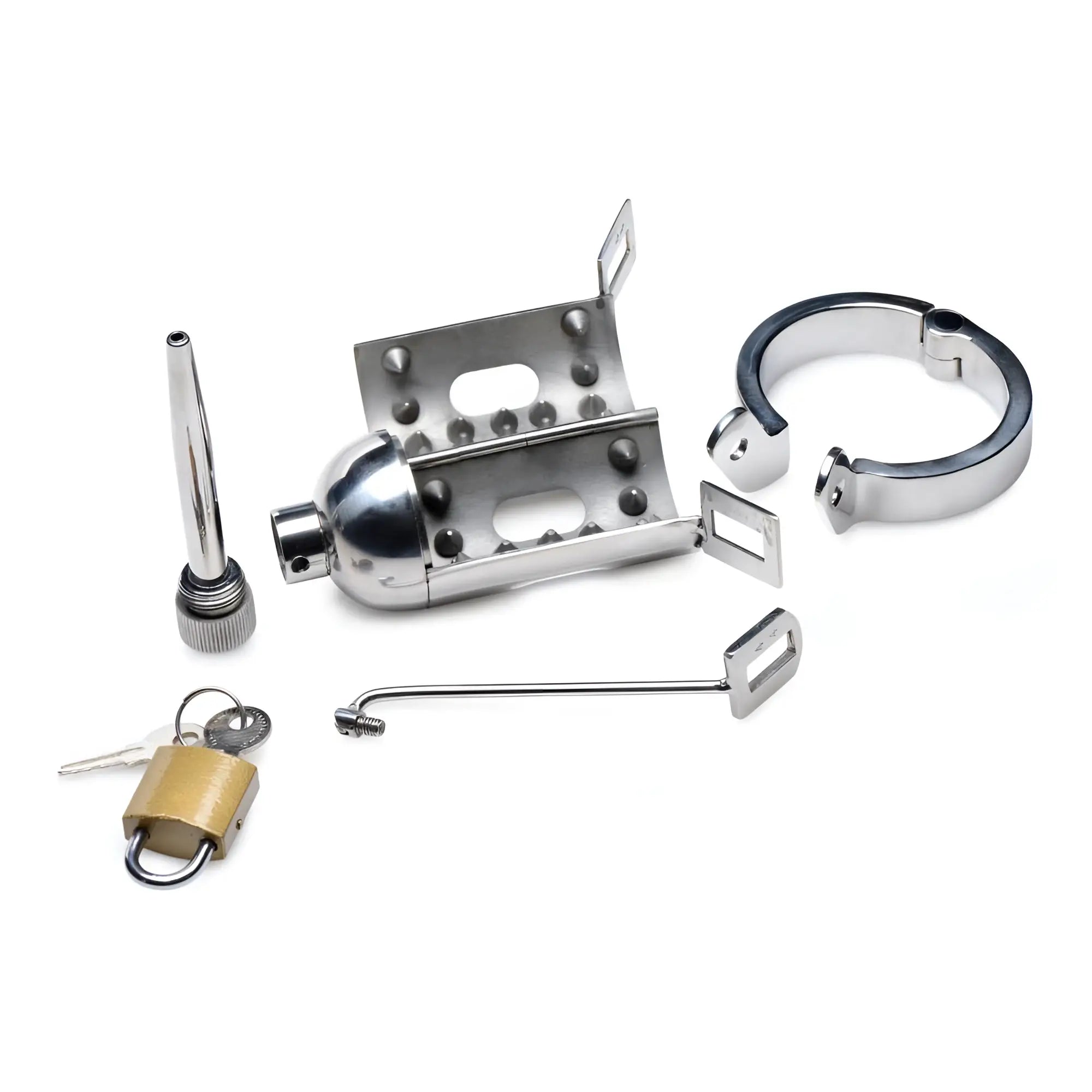 Master Series Spiked Chamber Chastity Cage in chrome, featuring an internal spiked cage, ring, rod, and brass padlock.