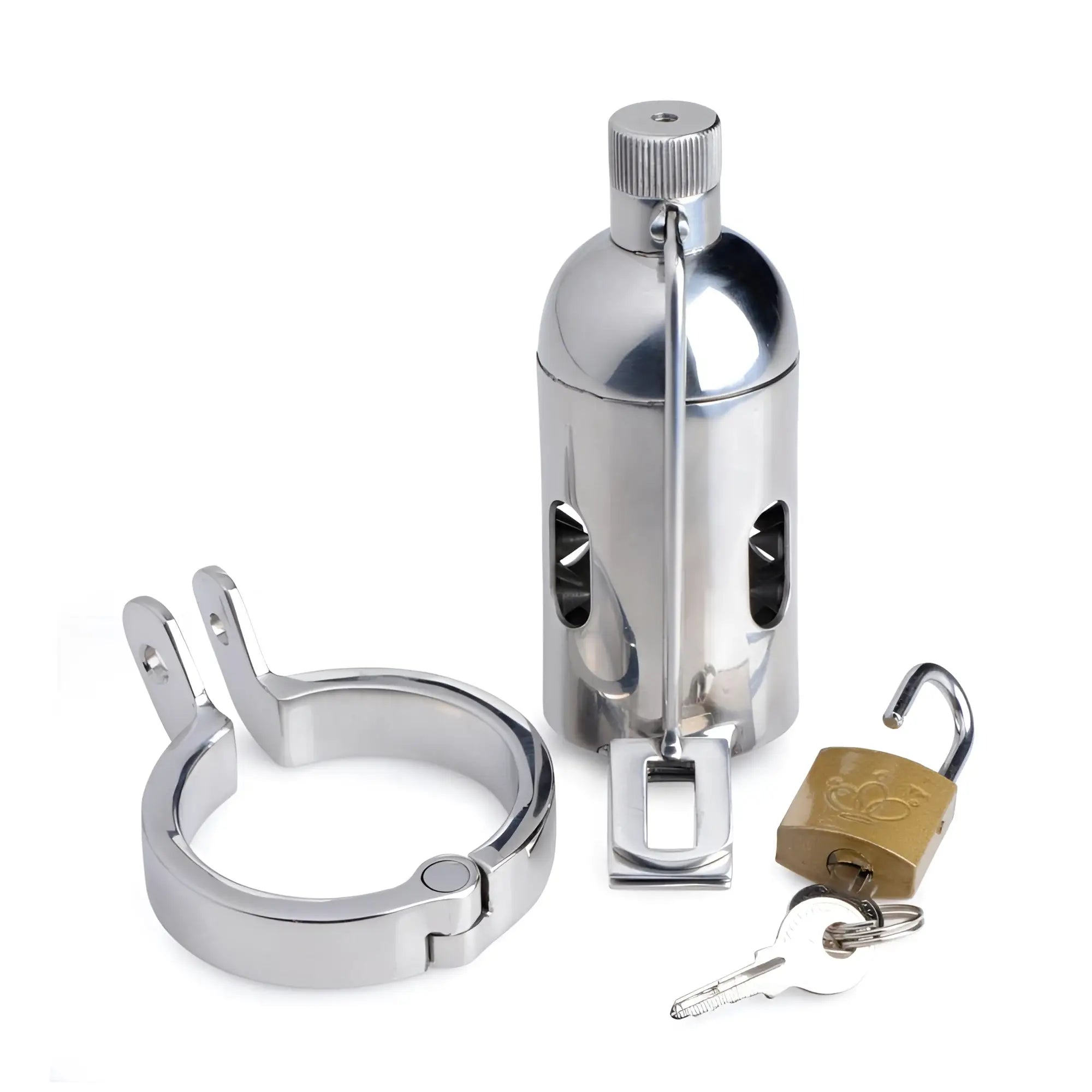 Master Series Spiked Chamber Chastity Cage in polished chrome, including base ring, chamber, padlock, and key.