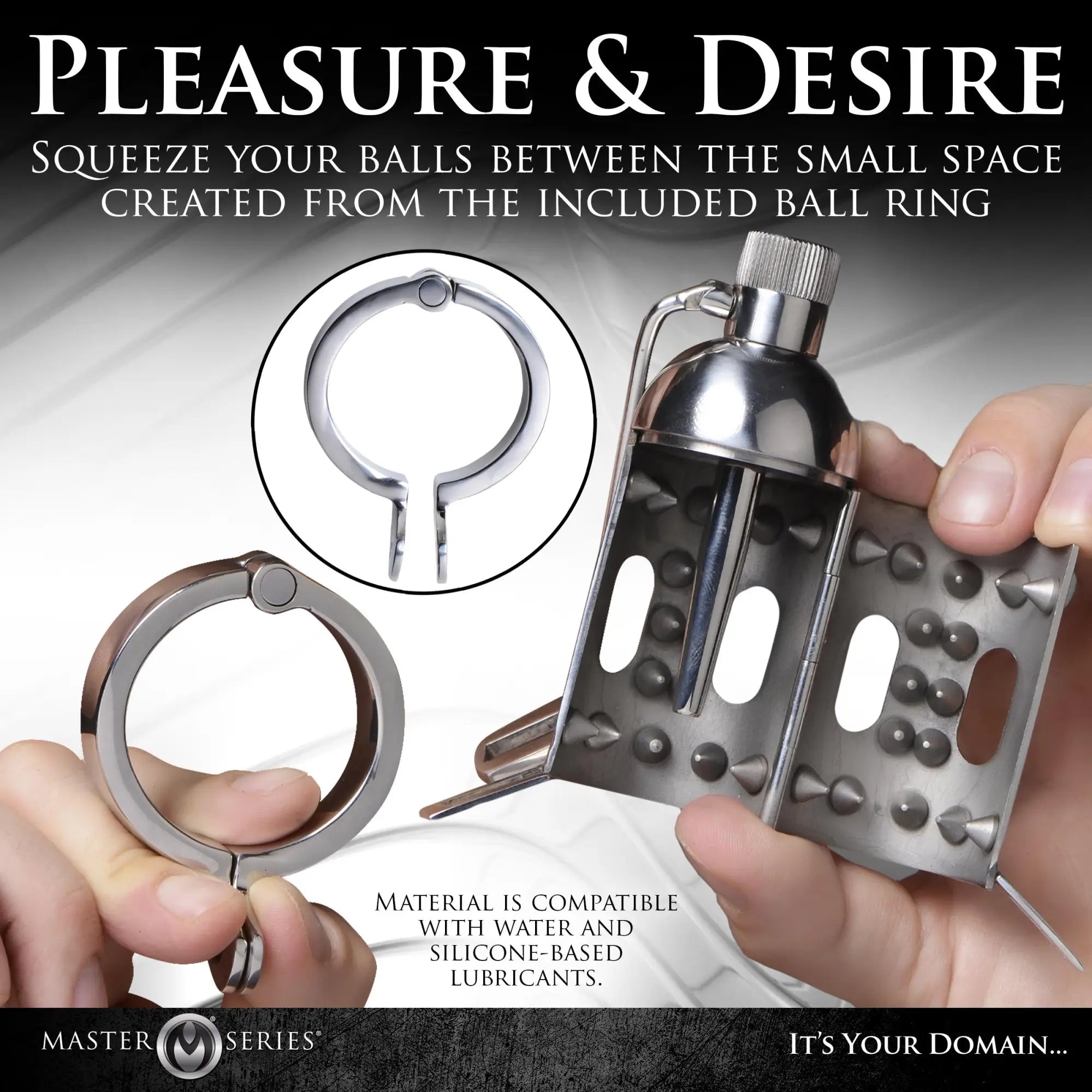 Master Series Spiked Chamber Chastity Cage: a metallic hinged cage with interior spikes and a matching ball ring.