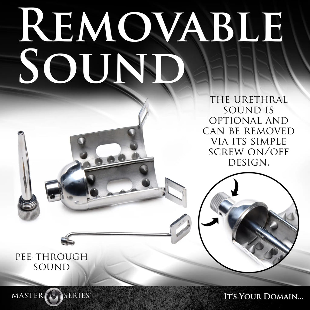 Master Series Spiked Chamber Chastity Cage: a silver, stainless steel device featuring internal spikes and a removable sound.