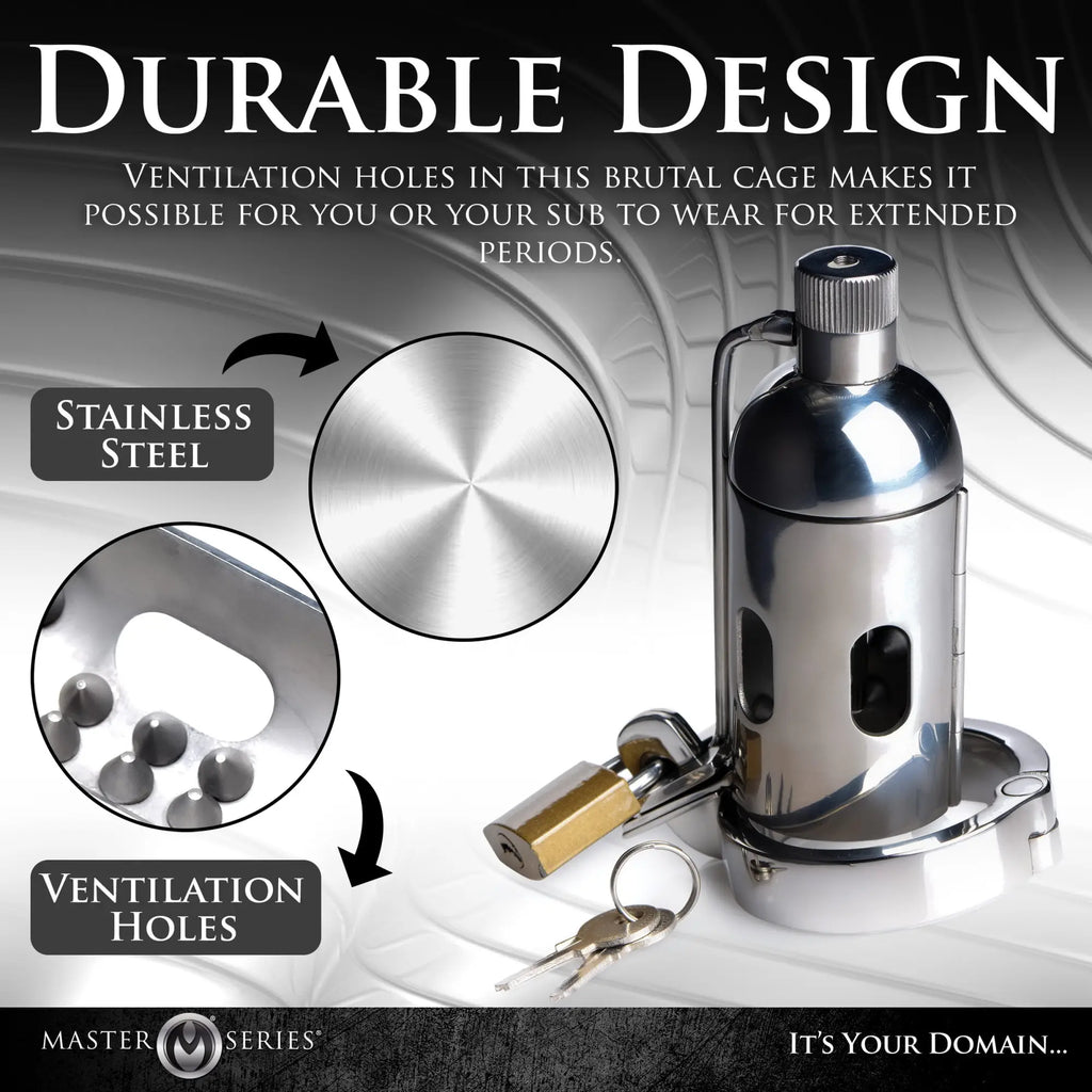 Master Series Spiked Chamber stainless steel chastity cage with ventilation holes, locking mechanism, and keys.