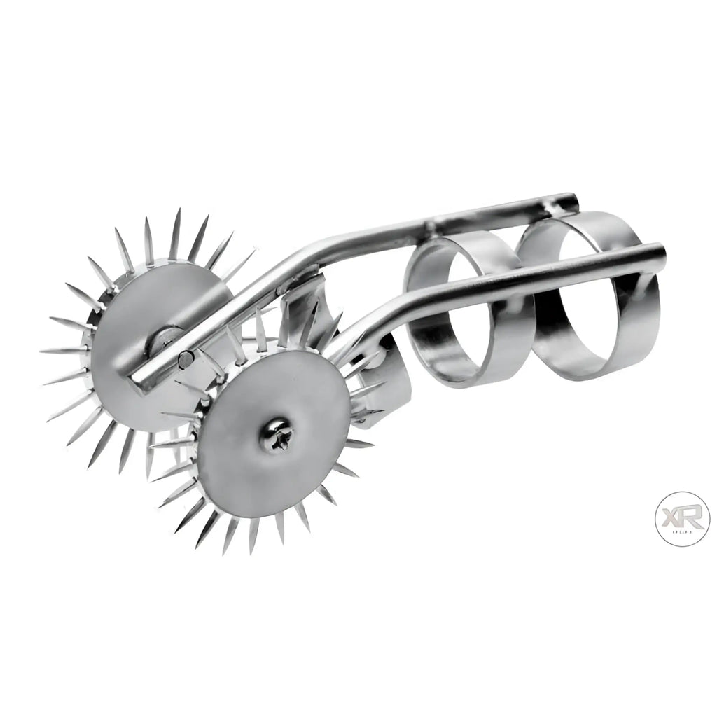 Master Series Spikes Double Finger Pinwheel: a silver, stainless steel sensory tool with two spiked, rotating wheels.