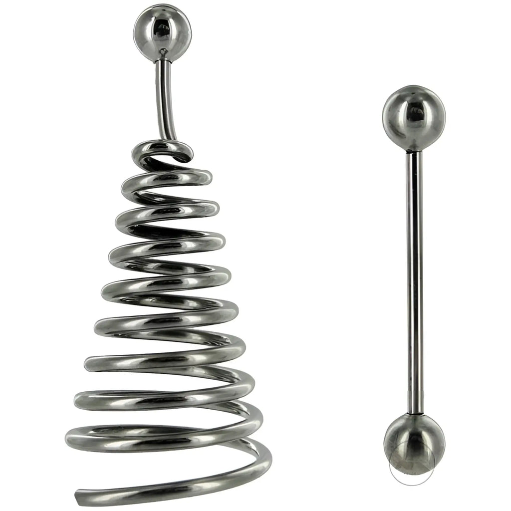 Master Series Spiral Nipple Extender: silver-tone metal conical spiral attachment and a straight barbell with ball ends.