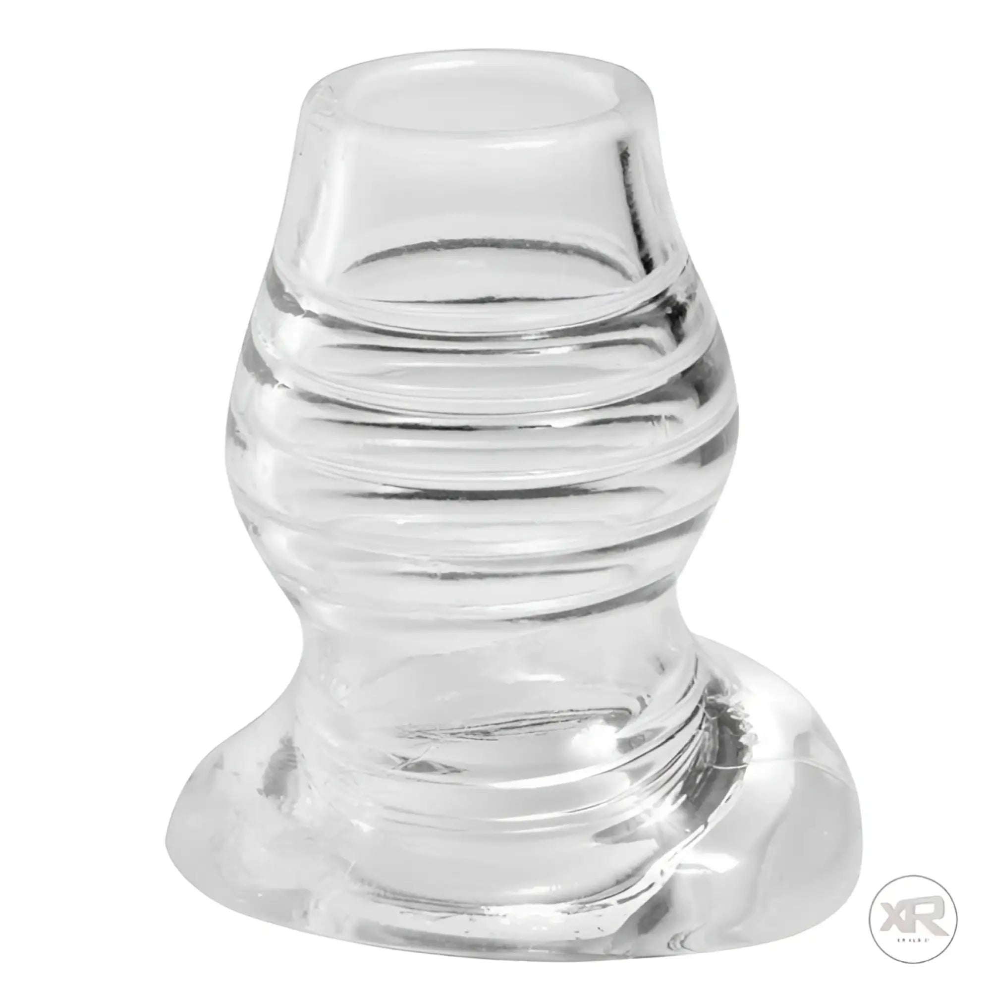 Master Series hollow anal plug, clear silicone, ribbed design for Spread Me Open thigh harness.