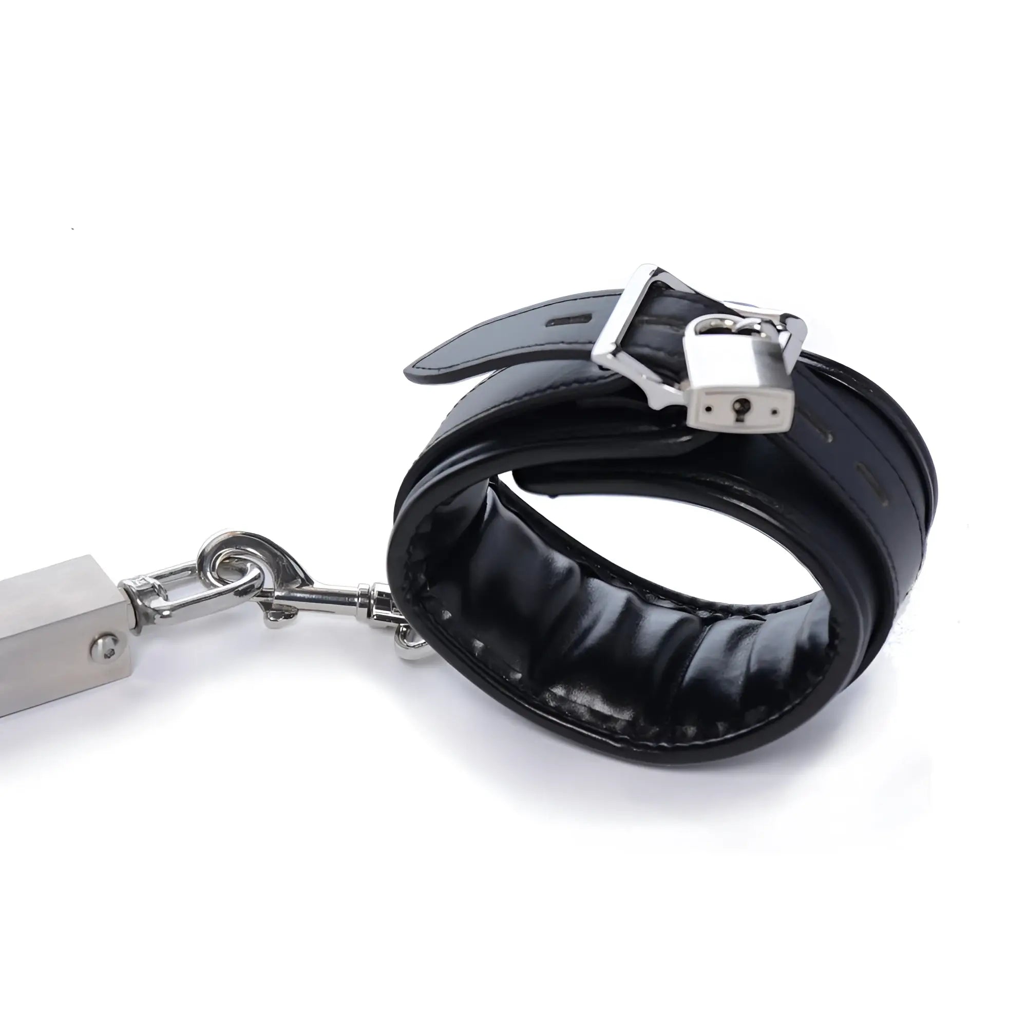 Master Series black padded leather cuff with a silver-tone padlock and metal spreader bar attachment.