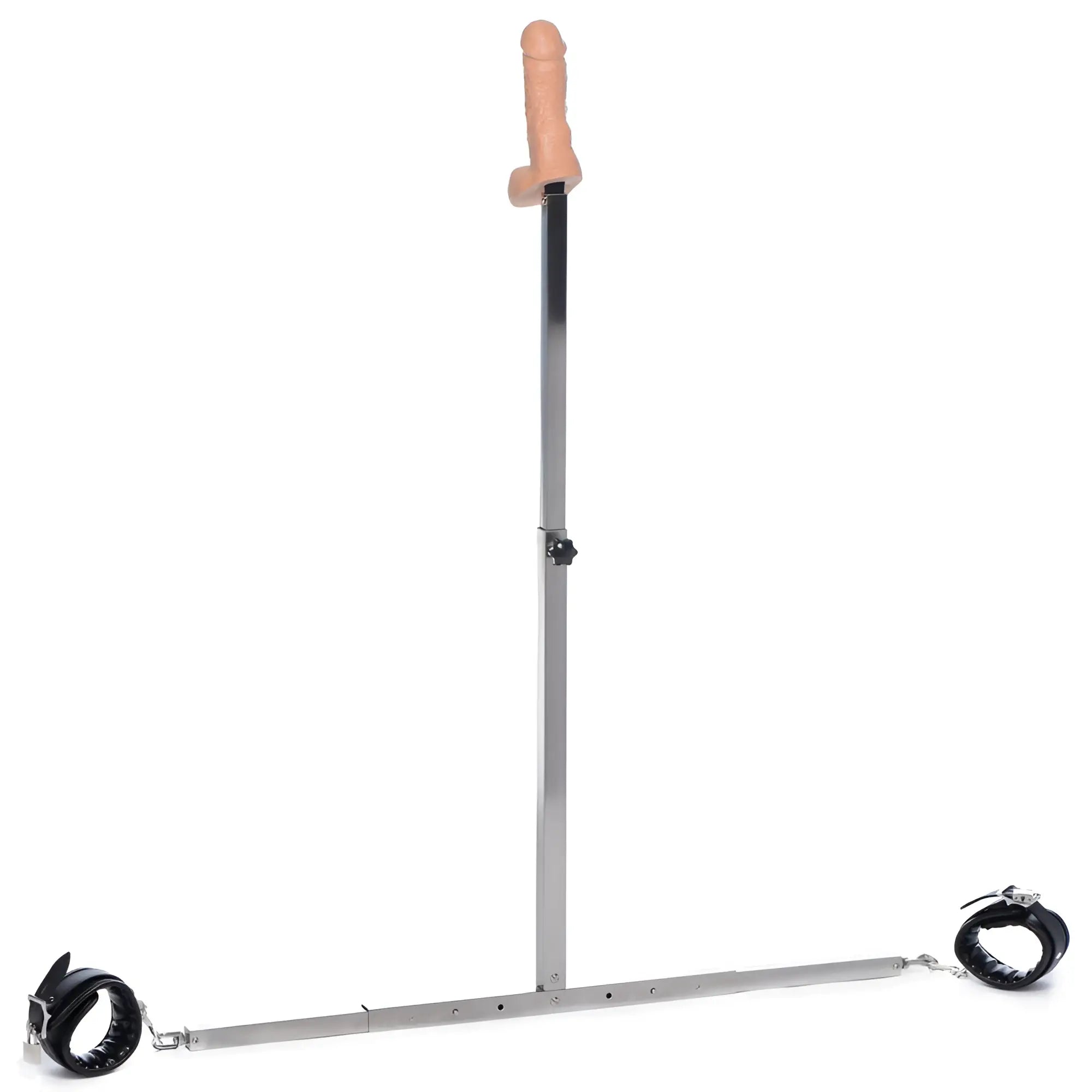 Master Series Squat Anal Impaler: A metal floor-standing post with a flesh-toned dildo, spreader bar, and black cuffs.
