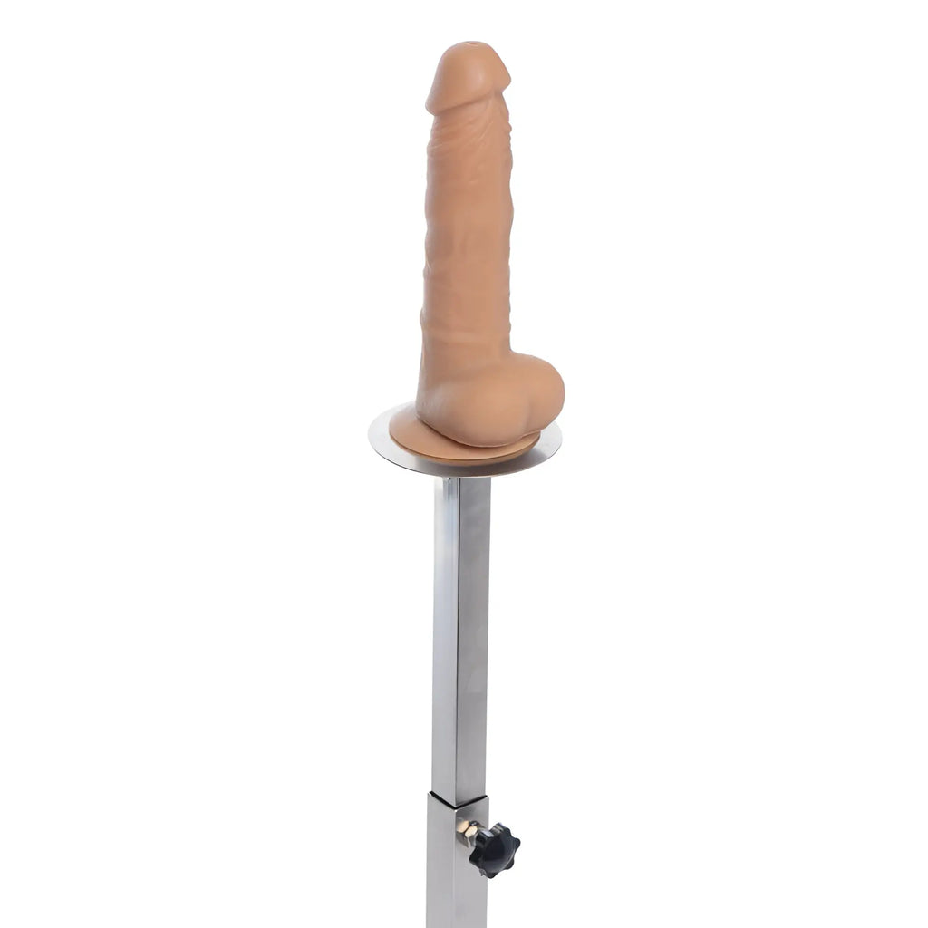 Master Series Squat Anal Impaler: tan phallic attachment mounted on a height-adjustable chrome metal pole.