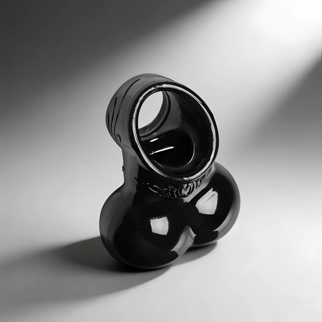 Master Series Squeeze My Sack: A shiny black, ergonomic silicone erection enhancer and scrotum pouch on a grey background.