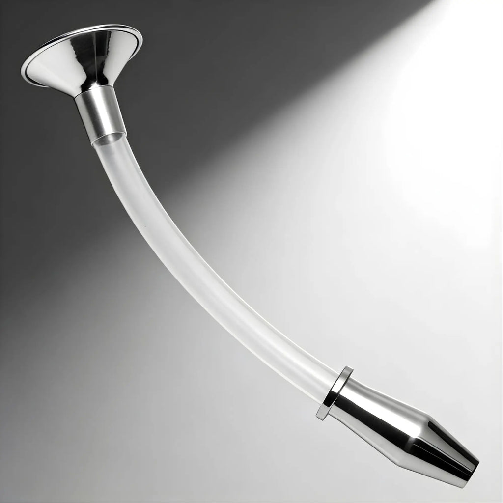 Master Series Stainless Steel Ass Funnel with a clear, curved tube and a metallic hollow anal plug.